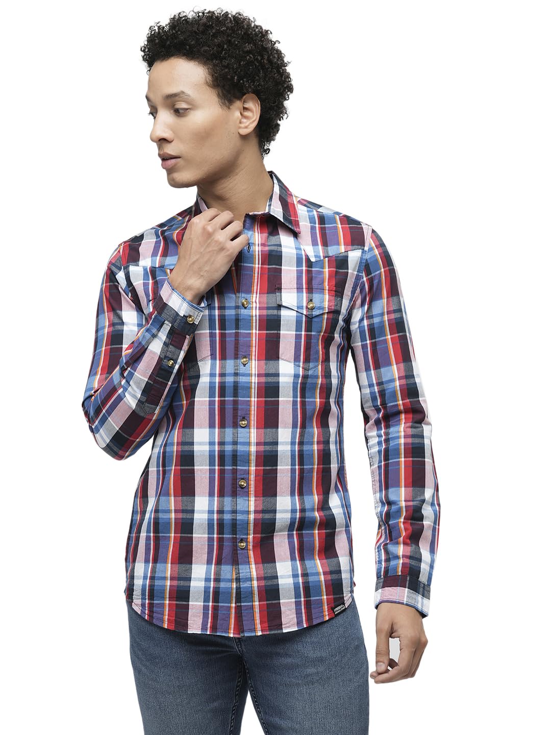 JACK & JONESMen Cotton Tartan Checked Slim Fit Casual Shirt