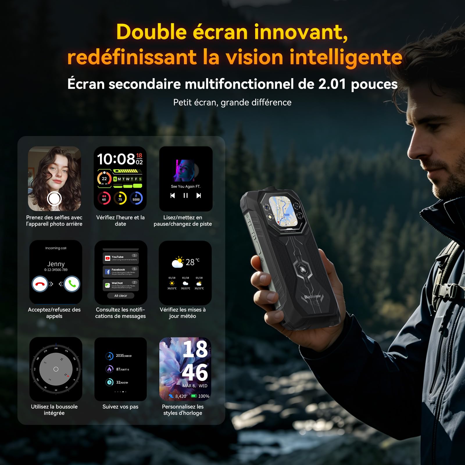 Blackview Rock 1 Telephone Portable Incassable Android 16 pour Chantier & Randonnée, Smartphone Incassable Étanche 15000mAh à Double Écran,Vision Nocturne 20MP, 24Go+256Go, Gemini AI/3 Ans Garantie
