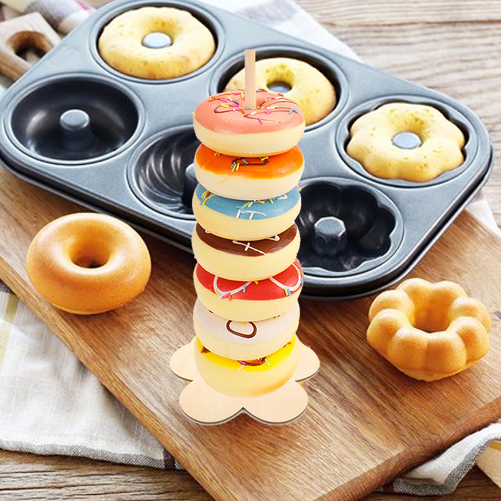 6 Espositori In Legno Per Ciambelle - 12 Fori Ciascuno - Supporto Per Tavolo Dessert Feste, Matrimoni, Colore Naturale - 2