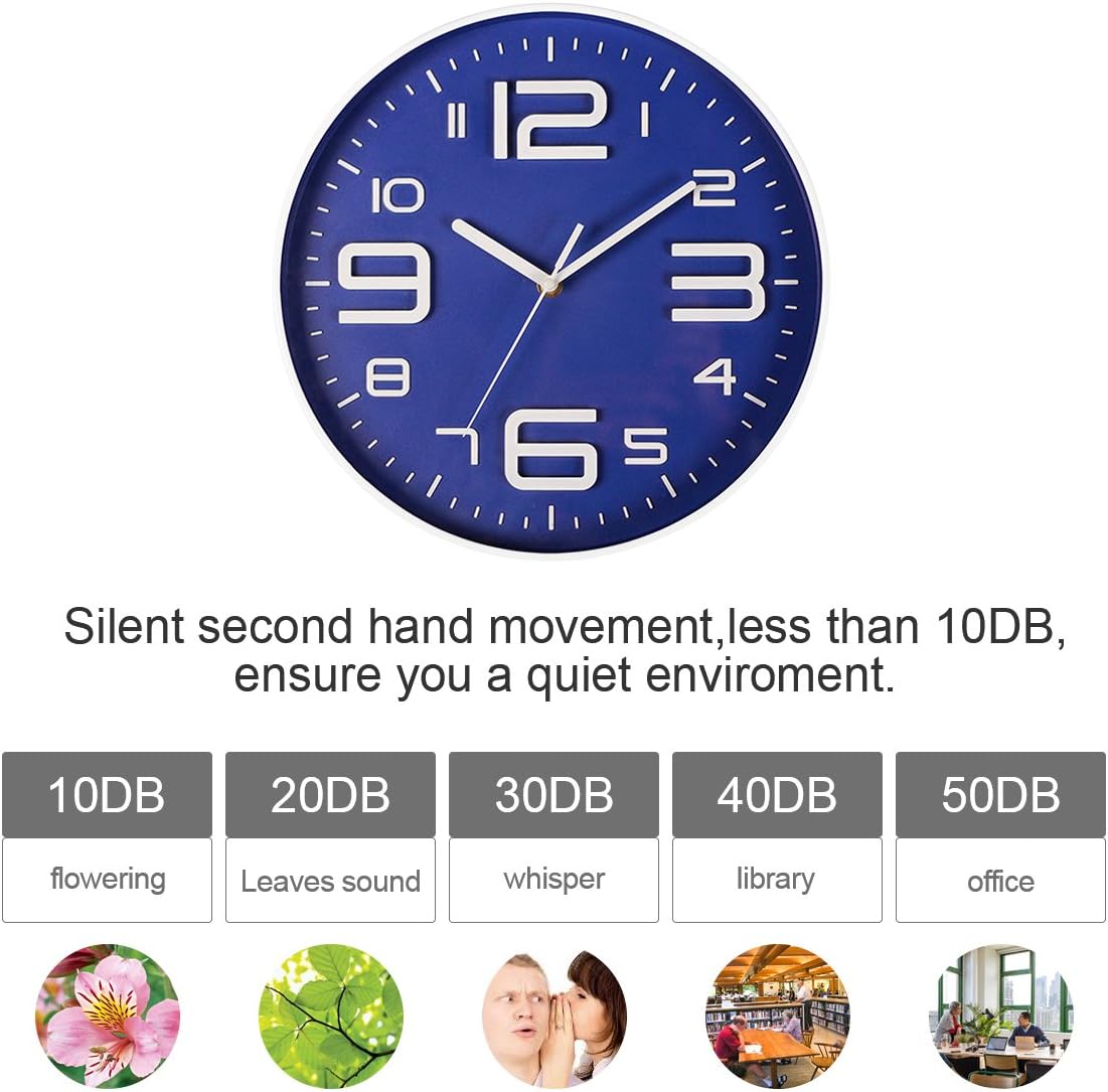 SonYo Indoor Big 3D Number Quartz Silent Non Ticking Wall Clock Quiet Sweep Movement Decorative Battery Operated 10 Inch Blue