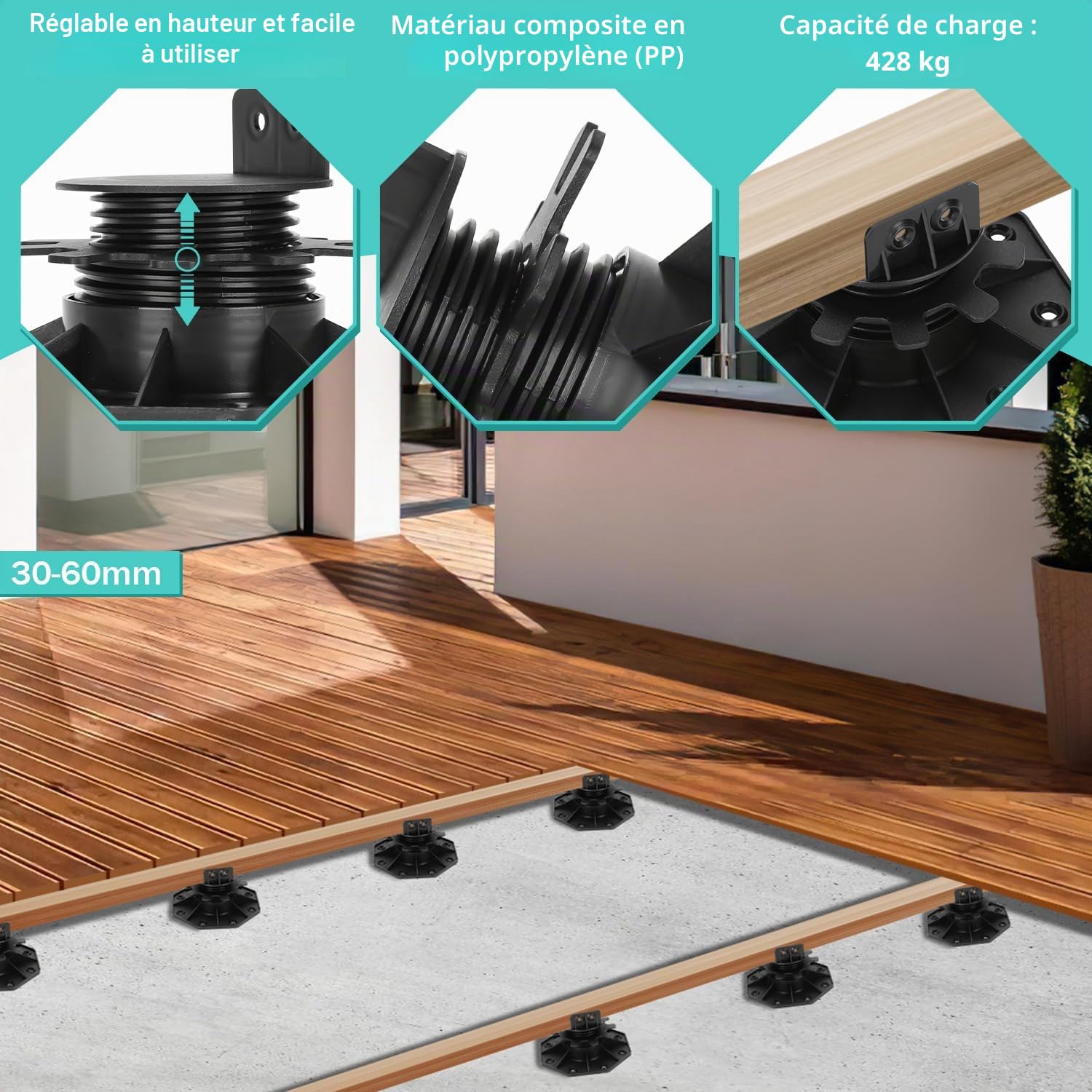 Lot de 100 paliers de sol réglables en hauteur, 30-60 mm - Pieds de terrasse, plots pour dalles de terrasse - Pour sous-structure de terrasse, WPC, pieds réglables