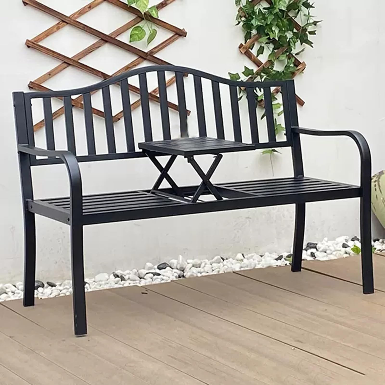 Banco De Jardín De Metal Intemipible con Mesa De Extracción Asiento De Patio De Acero Durable Diseño Ergonómico para Patio De Patio De Pies Antideslizantes Capacidad 880 Lbs Marrón