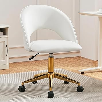 Furnimart Armless Swivel Rolling Desk Chair, Adjustable Faux Leather Vanity Chair with Wheels, Cute Task Chair with Gold Legs for Living Room Bedroom Studying Small Places PU White