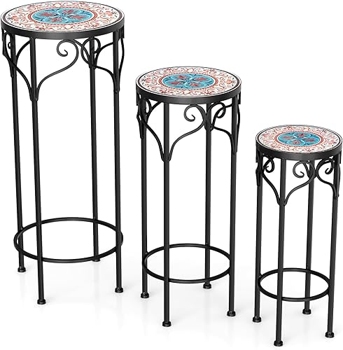 Giantex Juego de 3 soportes de metal para plantas, de 28 pulgadas, soporte de flores alto de mosaico con parte superior de cerámica, mesa auxiliar