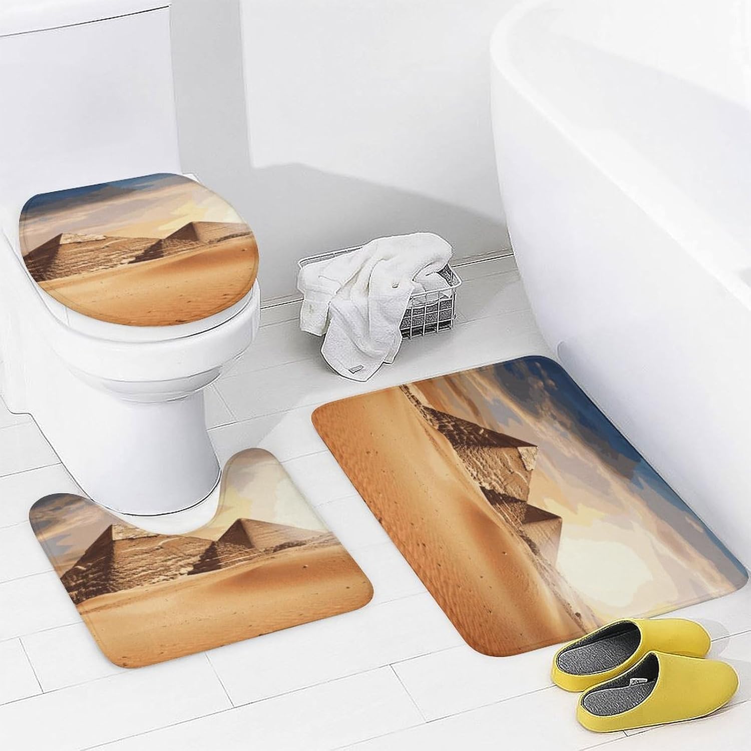Egyptian Pyramid in Desert 4Pcs Shower Curtain Set with Non-Slip Rugs, Toilet Lid Cover and Bath Mat,Bathroom Set Decor Accessories,Curtain Set with 12 Hooks, 72 X 72 Inch