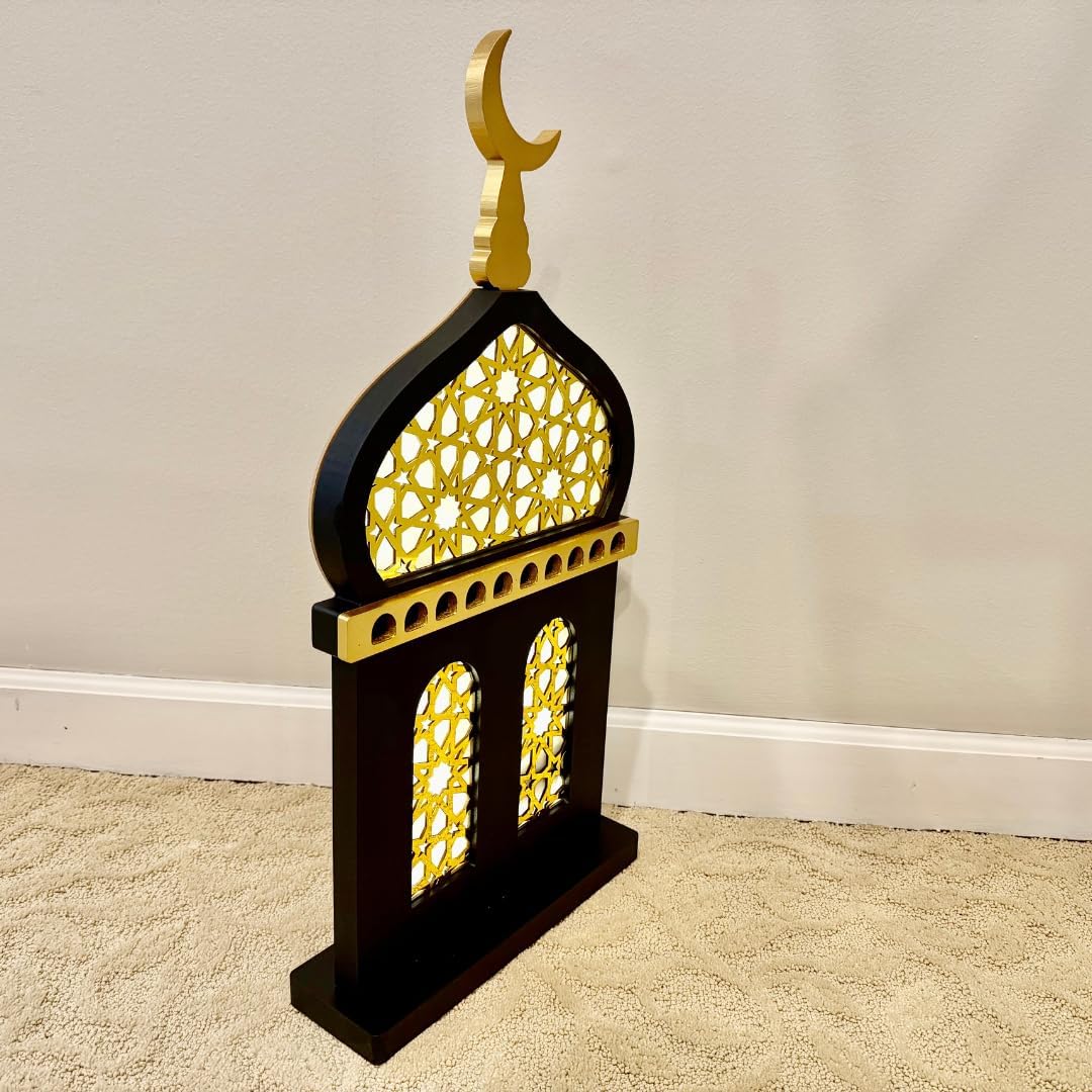 Al Minar Masjid Structure with LED Lights & Hilal, MDF Decorative Lighting for Home & Mosque (Black Masjid)