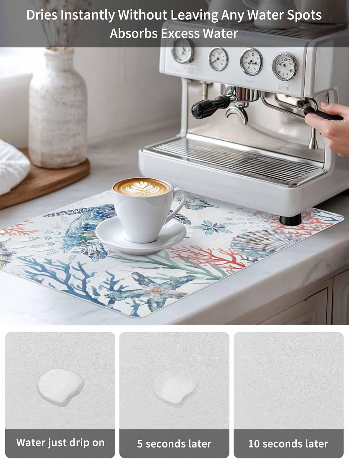 Blue Turtle Coffee Mat Small For Countertop Coffee Bar Accessories,Absorbent Quick Dry Dish Drying Mat Hide Stain Non-Slip Pad For Coffee Maker,Coastal Coral Sea Starfish Nautical Shell Conch 12"x20"