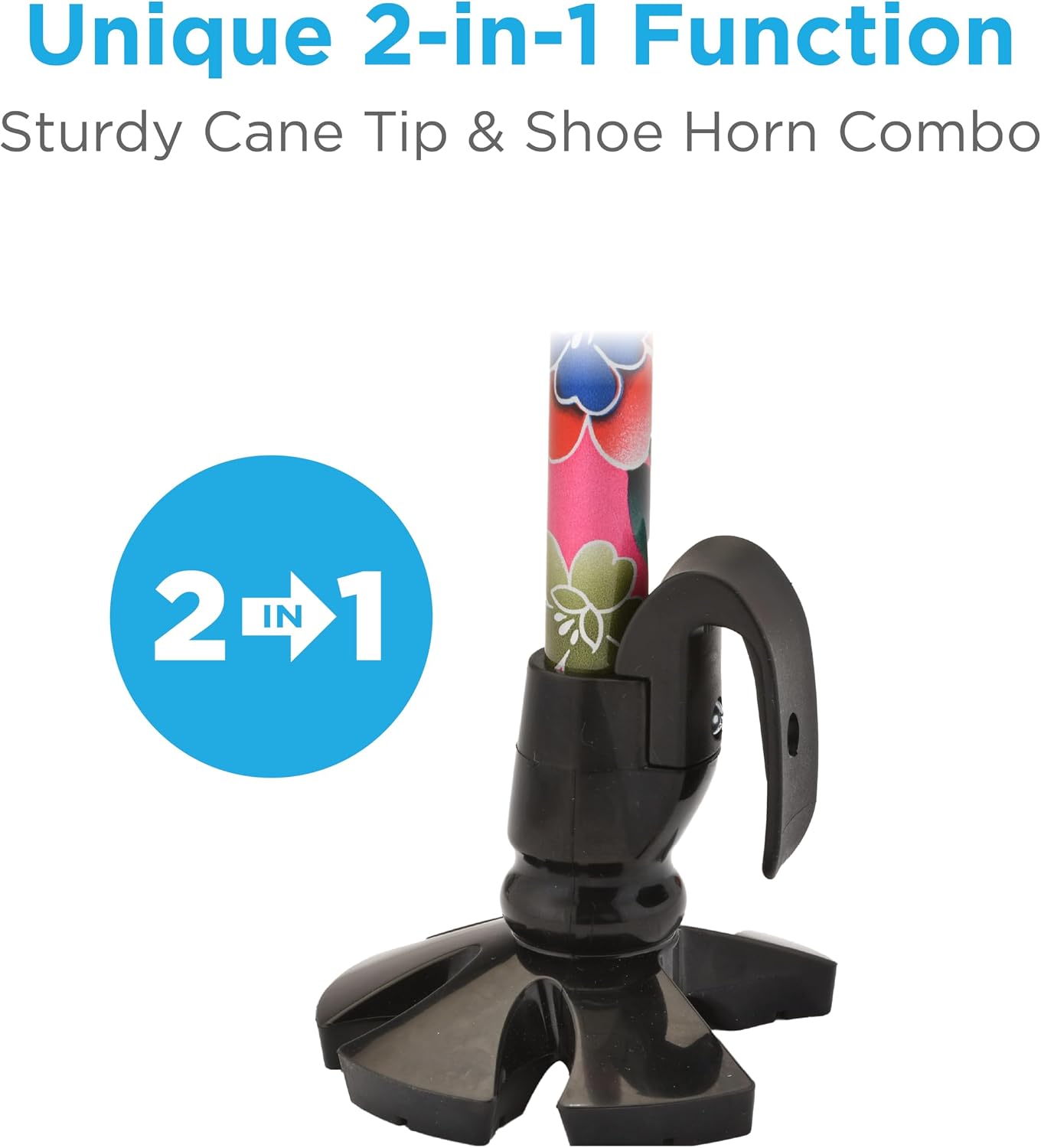 NOVA Shoe Horn Offset Cane, 2-in-1 Shoe Helper & Walking Aid, Self-Standing, 5-Point Base, Foam Handle, Lightweight Aluminum, Slip-Resistant Tip, Fade & Chip Resistant, Maui Flowers