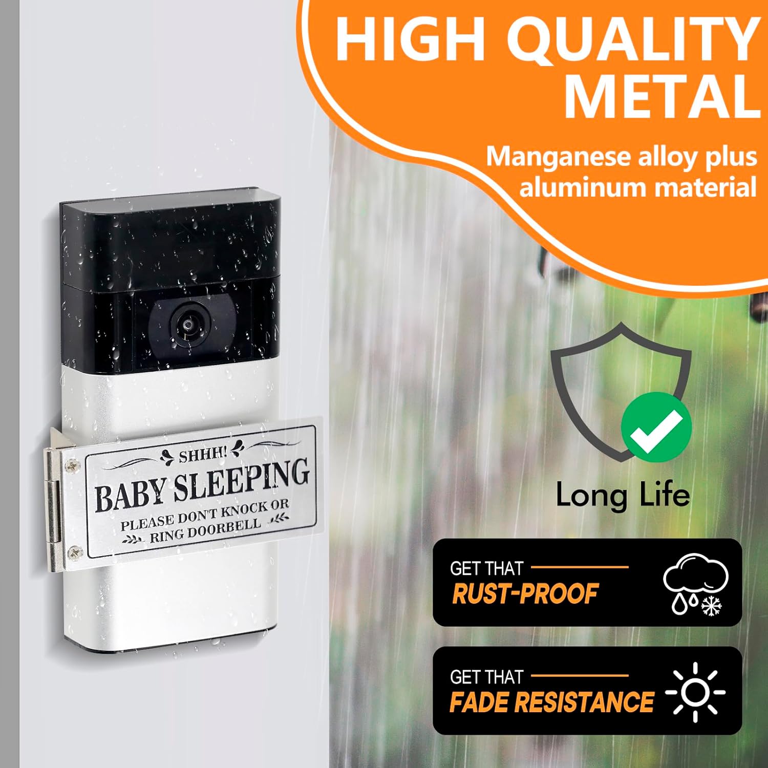 Baby Sleeping Don‘t Knock or Ring Doorbell，Rotatable No Soliciting Doorbell Cover. Metal sign for front door/house/Home. Great gift for moms with sleeping babies，Easy to install.，Very effective.