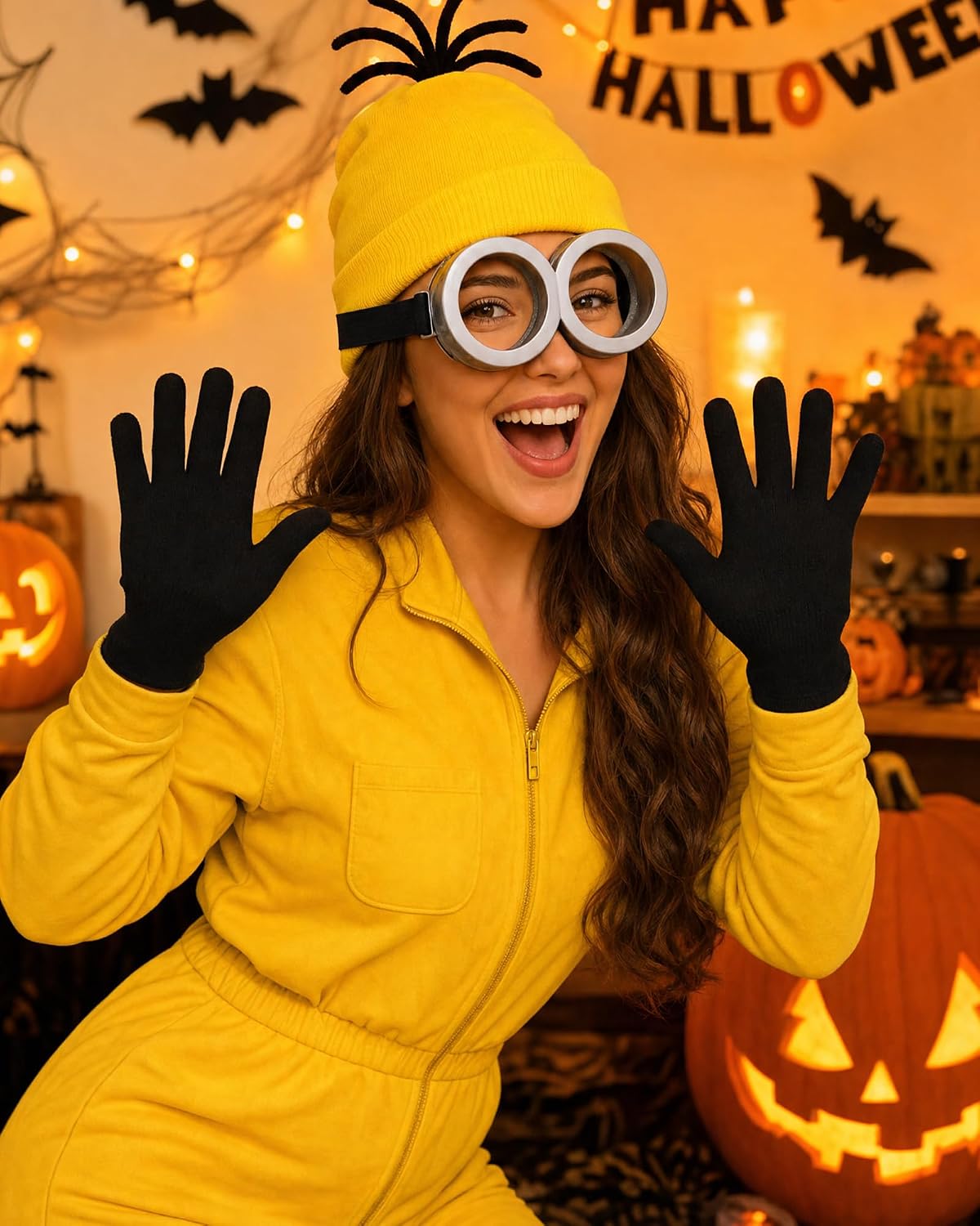 PPER-Jie Halloween Costume Accessories Glasses Steampunk Goggles Yellow Beanie Knitted Hat Costumes Set for Adult