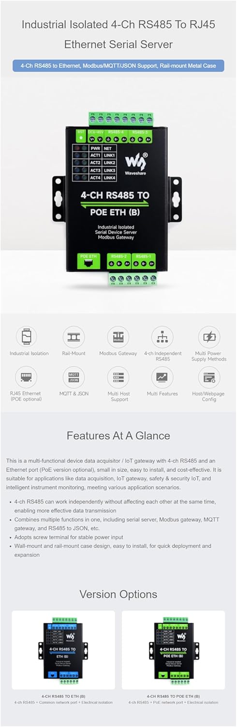 4-Ch RS485 to RJ45 Ethernet Serial Server 4 Channels RS485 Independent Operation Modbus Gateway Industrial Isolated Serial Module Bi-Directional Transmission
