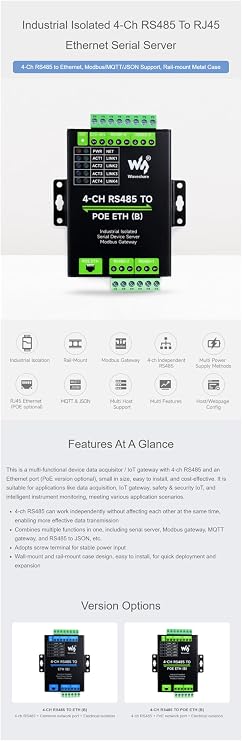 4-Ch RS485 to RJ45 Ethernet Serial Server 4 Channels RS485 Independent Operation Modbus Gateway with POE Function Industrial Isolated Serial Module Bi-Directional Transmission
