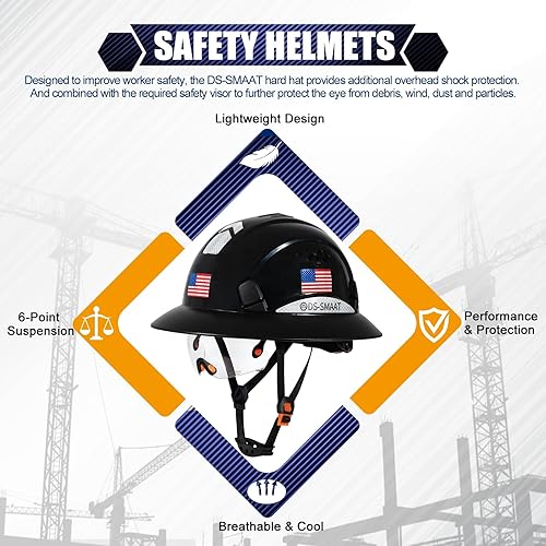 Miniatura 5 de Sombreros duros de ala completa con visera, fibra resistente con suspensión de trinquete ajustable de 6 puntos, casco de seguridad reflectante de