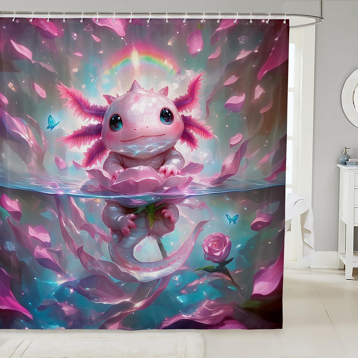 Homewish Pink Axolotl Shower Curtain Rose Butterfly Bathroom Shower Liner for Kids Adult Kawaii Axolotl Waterproof Curtains Room Decor 72 x 72 Inch