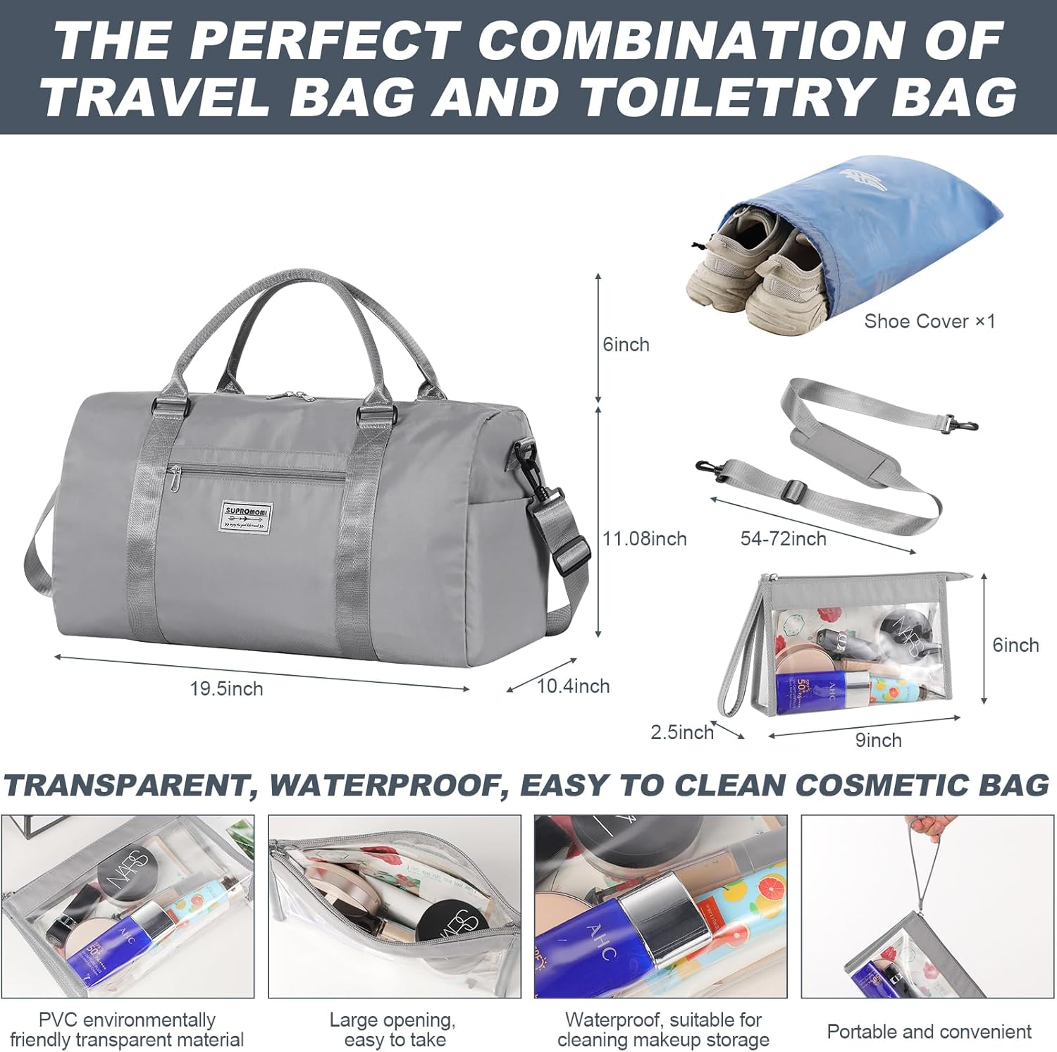 Large Travel Duffel Bag, Sports Tote Gym Yoga Airplane Carry-on With Extra Shoe and Small Clear Makeup Bag, Overnight Crossbody for Men and Women Grey - Image 6