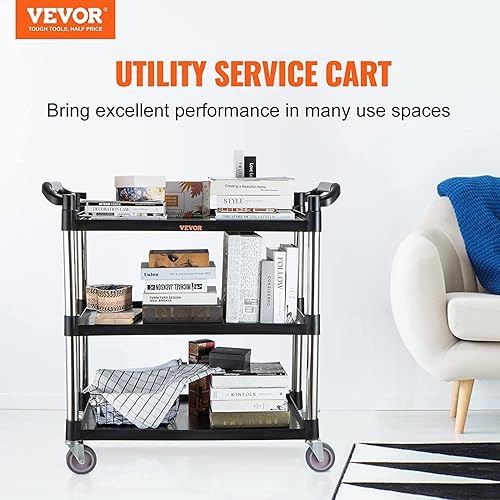 Miniatura 6 de VEVOR Carrito de servicio utilitario carrito de servicio de alimentos resistente de 3 estantes carrito de servicio de alimentos de 154 libras