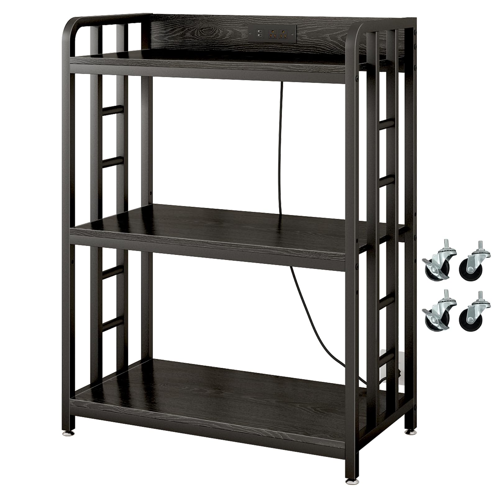 Bakers Rack with Power Outlet Adjustable Microwave Stand with Storage 3-Tier Kitchen Shelves Microwave cart Suitable for Kitchen
