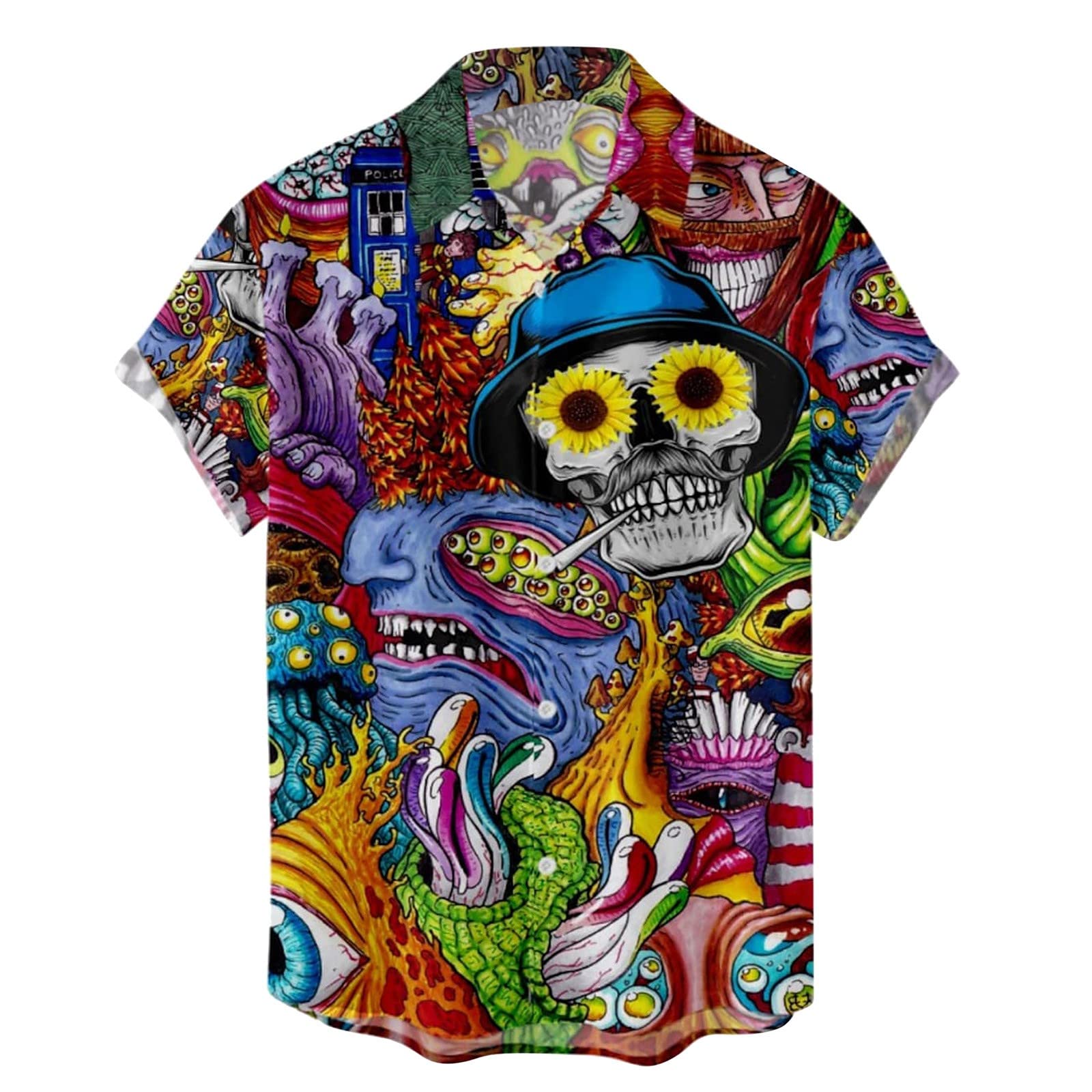 riou Camisas Hawaianas Hombre 2024 Baratas Estampada Funky Suelta Blusa Casual Cuello en V T-Shirt con Cierre de Botón Ligero y Transpirable para Diario Viaje Vacaciones Fiesta
