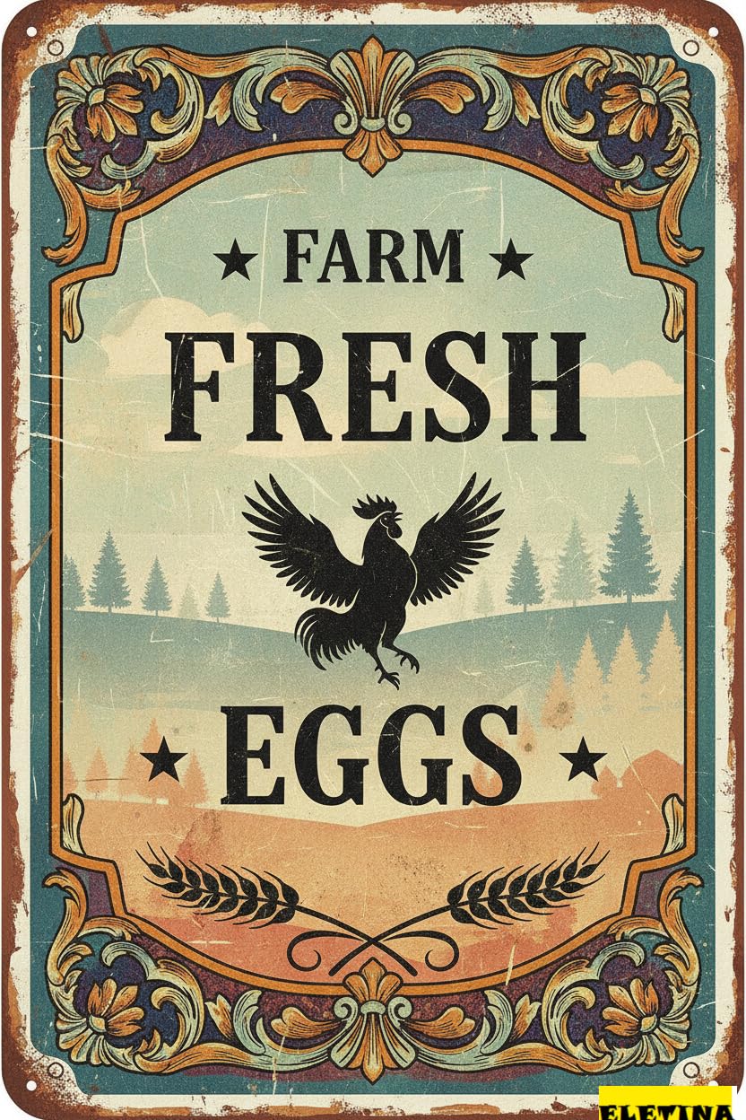 Farm Fresh Eggs Vintage Tin Sign, 8x12 Inch Decor
