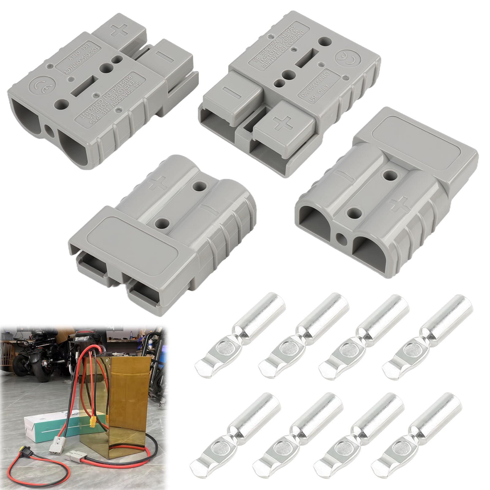 4 Stück Batterieanschlüsse 50A Stecker - 600V Schnellanschluss Stecker, Batterie Stecker, Graue Batteriestecker 12 v, Quick Connect Batterie, Batterieanschluss, für Auto, Motorrad, Boot, Solaranlagen