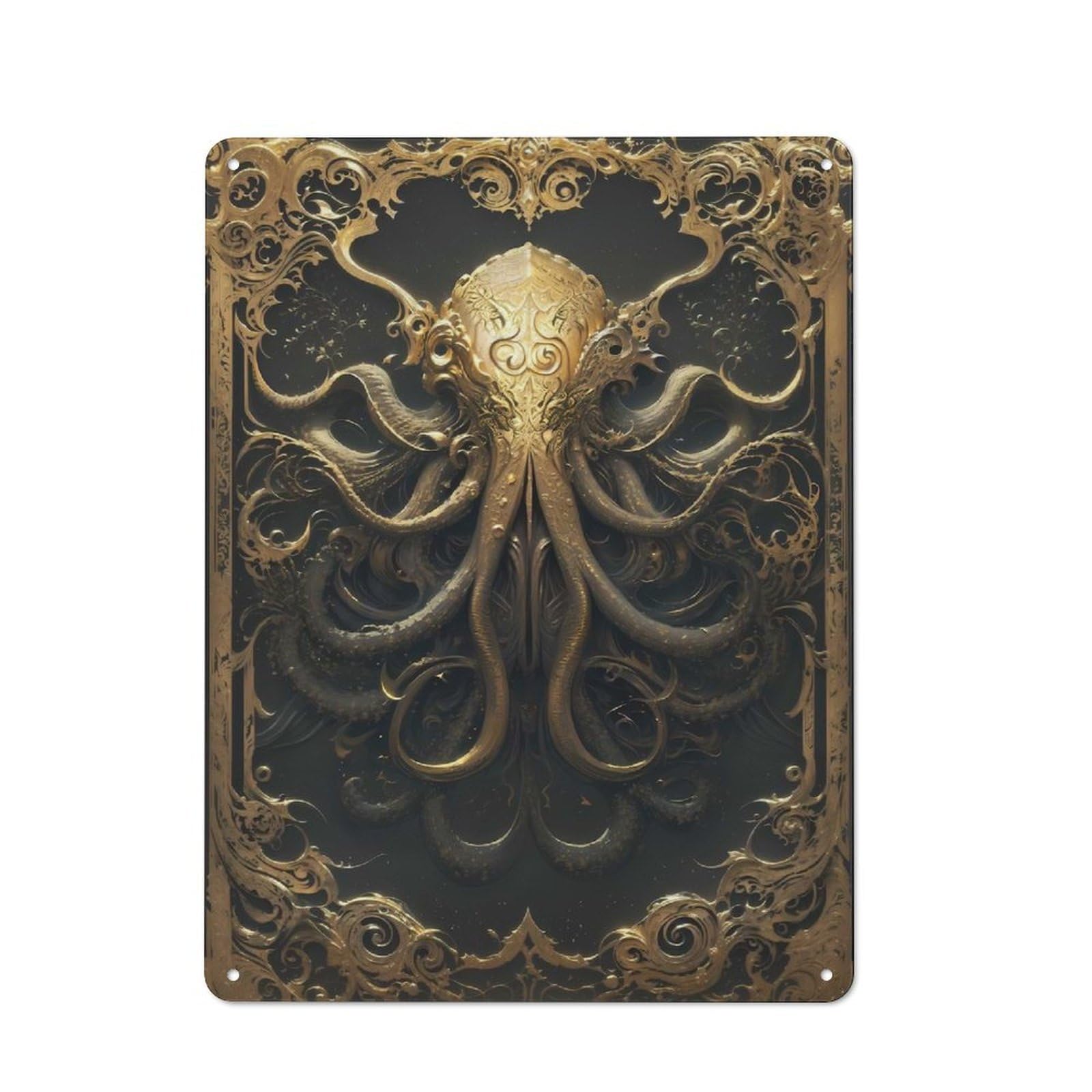 Junmoney Style-22 Golden Cthulhu Art Deco Vintage Metal Plaque 40X30cm For Hobby Room Or Studio, For Kitchen, Dining Room And Home Bar Wall Decor