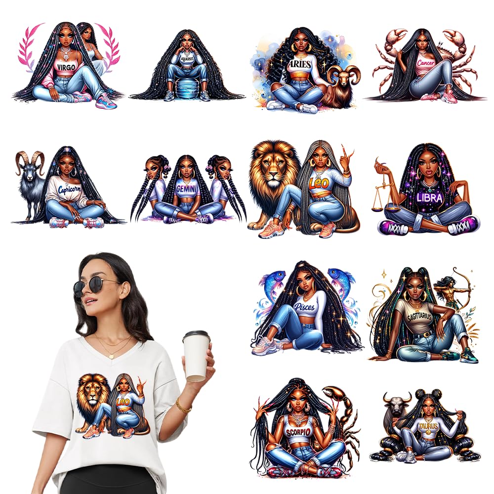 Zodiac DTF Transfers Ready to Press, 12 Sheets Zodiac Iron on Transfers for T-Shirts, Heat Transfer Stickers Decals for DIY Crafts Tshirts Pillow Covers (12011, L 10in)