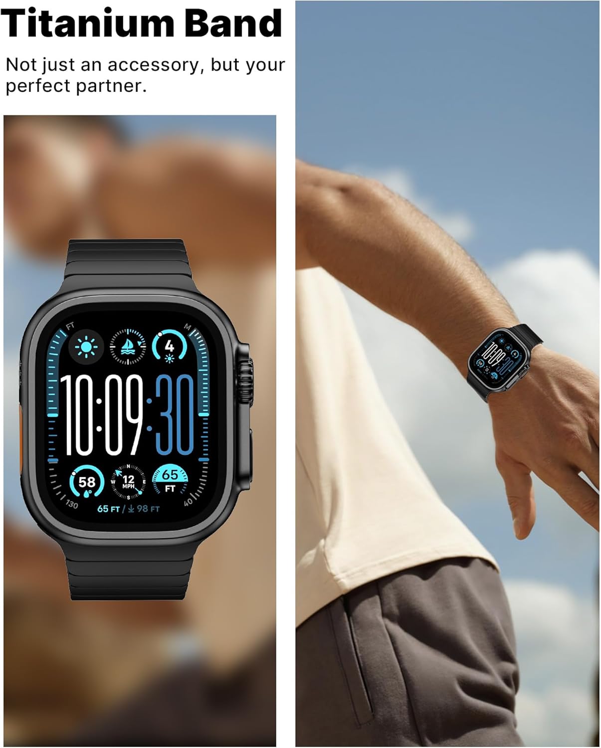 KU XIU Titanium Band for Apple Watch Ultra 2 / Ultra 49mm / Series 10 46mm, Adjustable Titanium Watch Band for Men, Premium Color Matching Watch Band with DLC Scratch Resistant Coating-Black