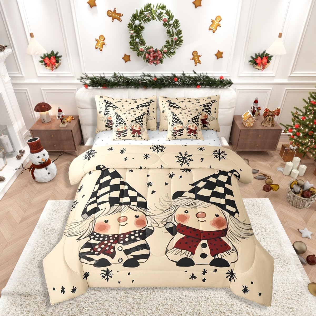 Erosebridal King Comforter Set - Cartoon Snowflake 7 Pieces Kids Bedding Includes Comforter,Sheets & Pillow Cover Xmas Elk Deer Bed Set Super Soft Microfiber