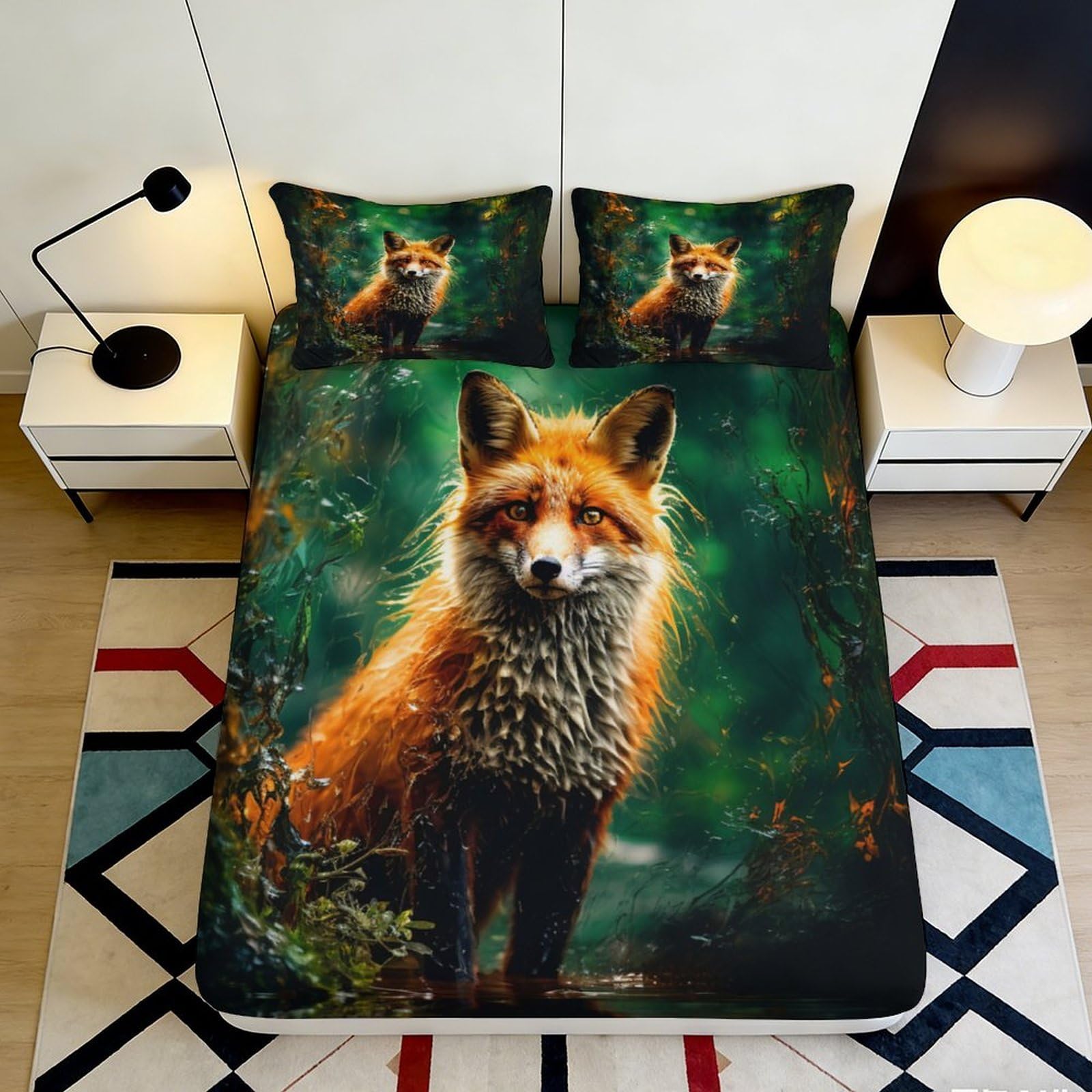 3D Printed Forest Fox Fitted Sheet Microfiber Orange Animal Woodland Mattress Cover for Bedroom Guest Room Decor 200x200x25cm