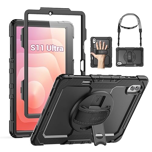 SEYMAC Case for Samsung Galaxy Tab S11 Ultra 5G 14.6 Inch 2025, Heavy Duty Shockproof Protective Case with Screen Protector, Rotating Stand and Hand/Shoulder Strap, Black