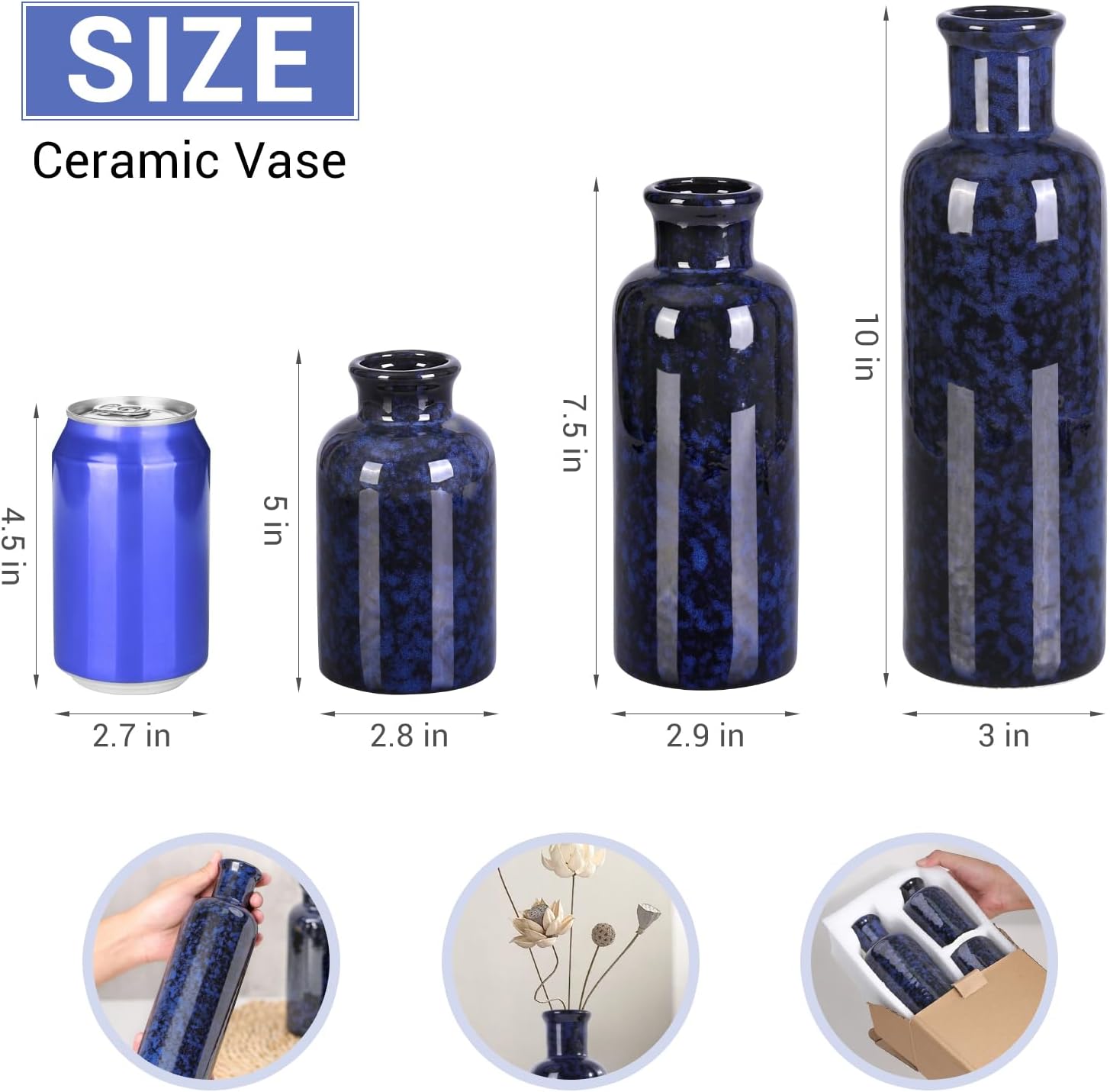 Small Blue Ceramic Vase Set of 3, Boho Modern Flower Vase Room Decor, Farmhouse Decor, Vases for Your Kitchen, Bathroom, Bedroom, Living Room, Office&Shelf Centerpiece Table Decorations - Image 2