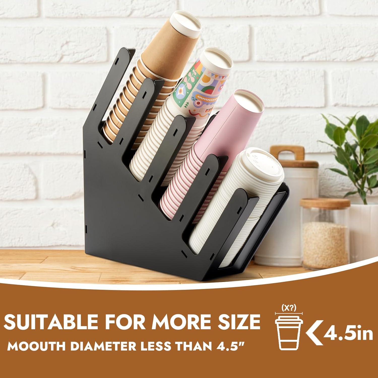CURTA 4 Compartment Splicing Disposable Paper Cup Dispenser, Coffee and Lid Storage Organizer Holder for Countertop Bar,Restaurant,Breakroom,Party, Black