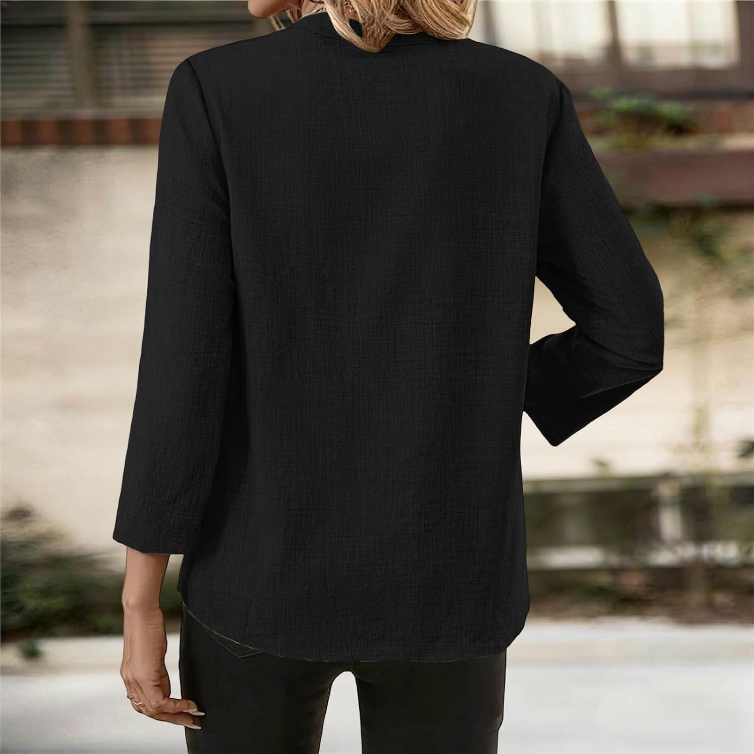 Womens 3/4 Sleeve Cotton Linen Shirts Casual Tree Quarter Length Sleeve Linen Tops Summer V Neck Loose Fit Blouses - Image 7