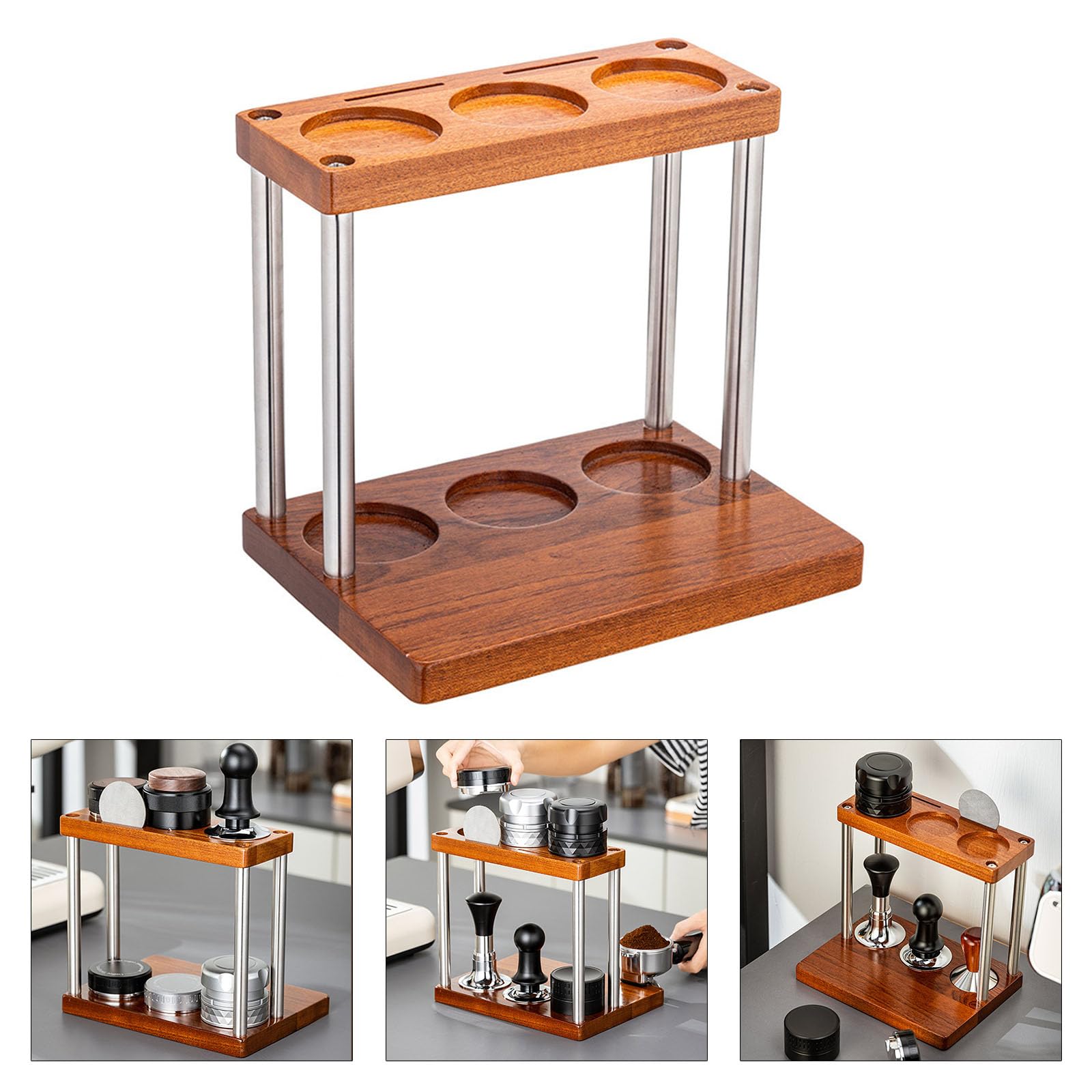 Kaffeezubehör, Elegantes 2-lagiges Stationsregal, Naturholz Ständerhalter für Enthusiasten, Edelstahl Holzregal