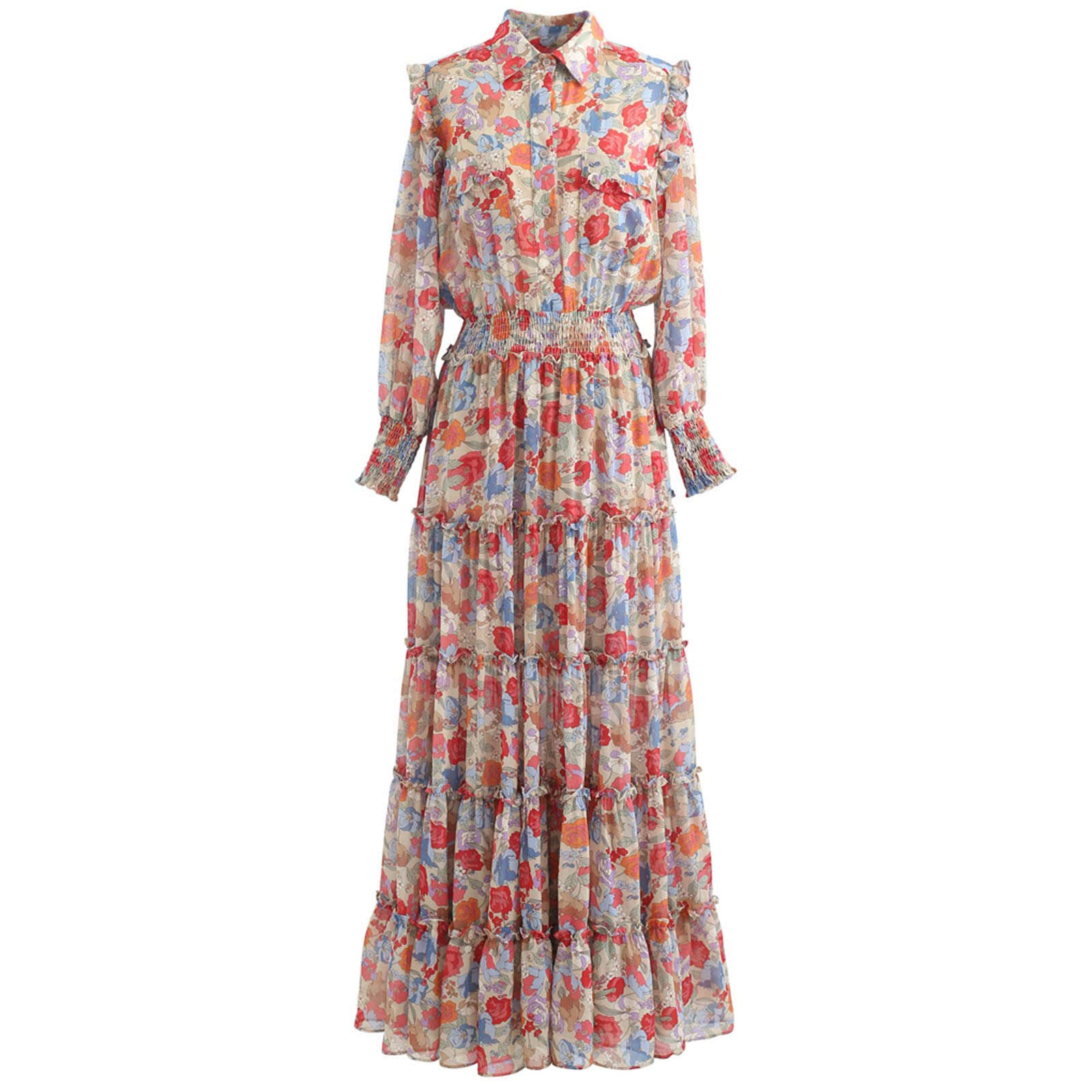 CHICWISHWomen's Pink Lily Floral Blossom Self-Tied V-Neck Chiffon Maxi Dress