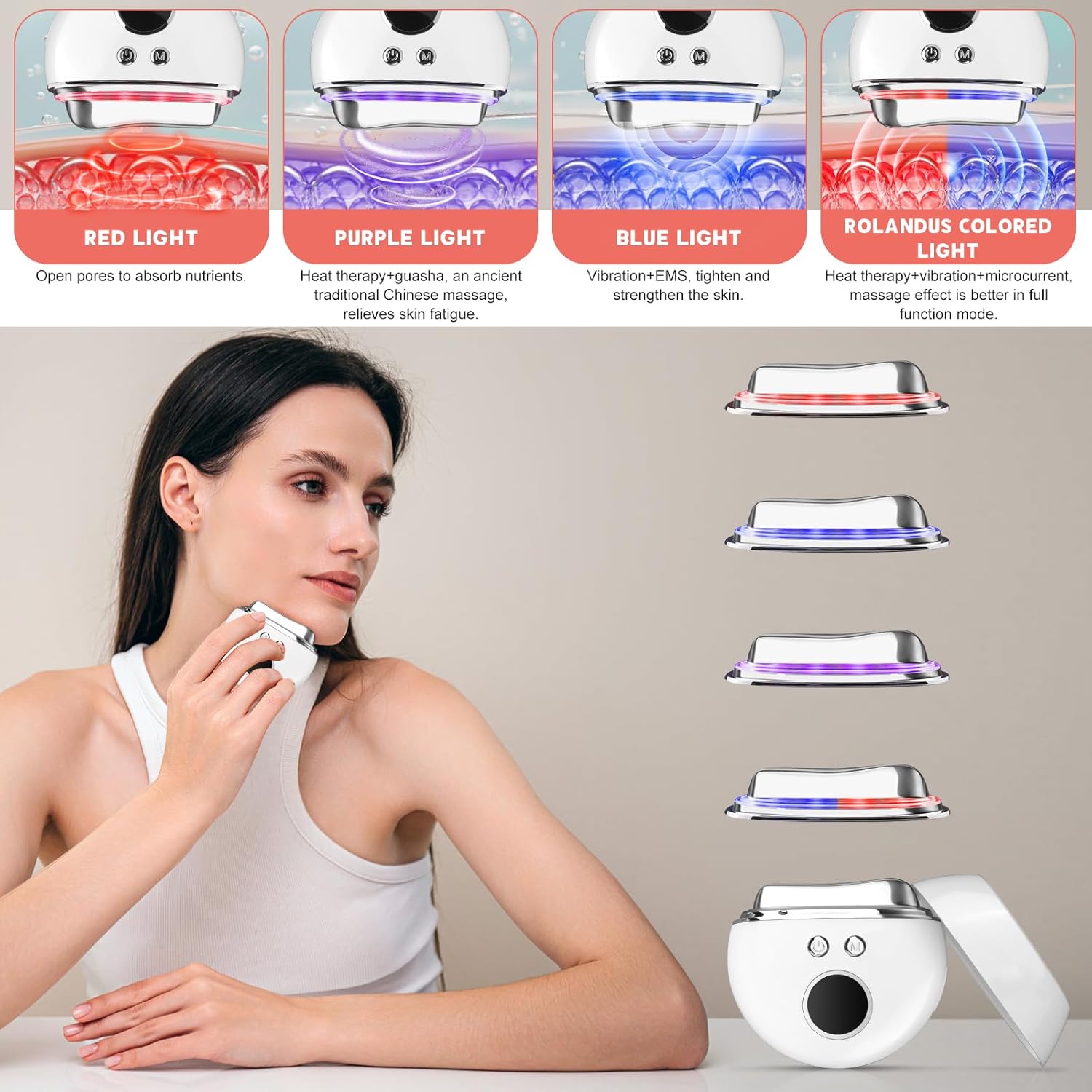 Gua Sha Facial Tools with Heating & Vibration - 4-in-1 Lymphatic Contour Face Brush，Red、Blue、Purple Light Therapy, Microcurrent Massager for Anti-Aging & Home SPA