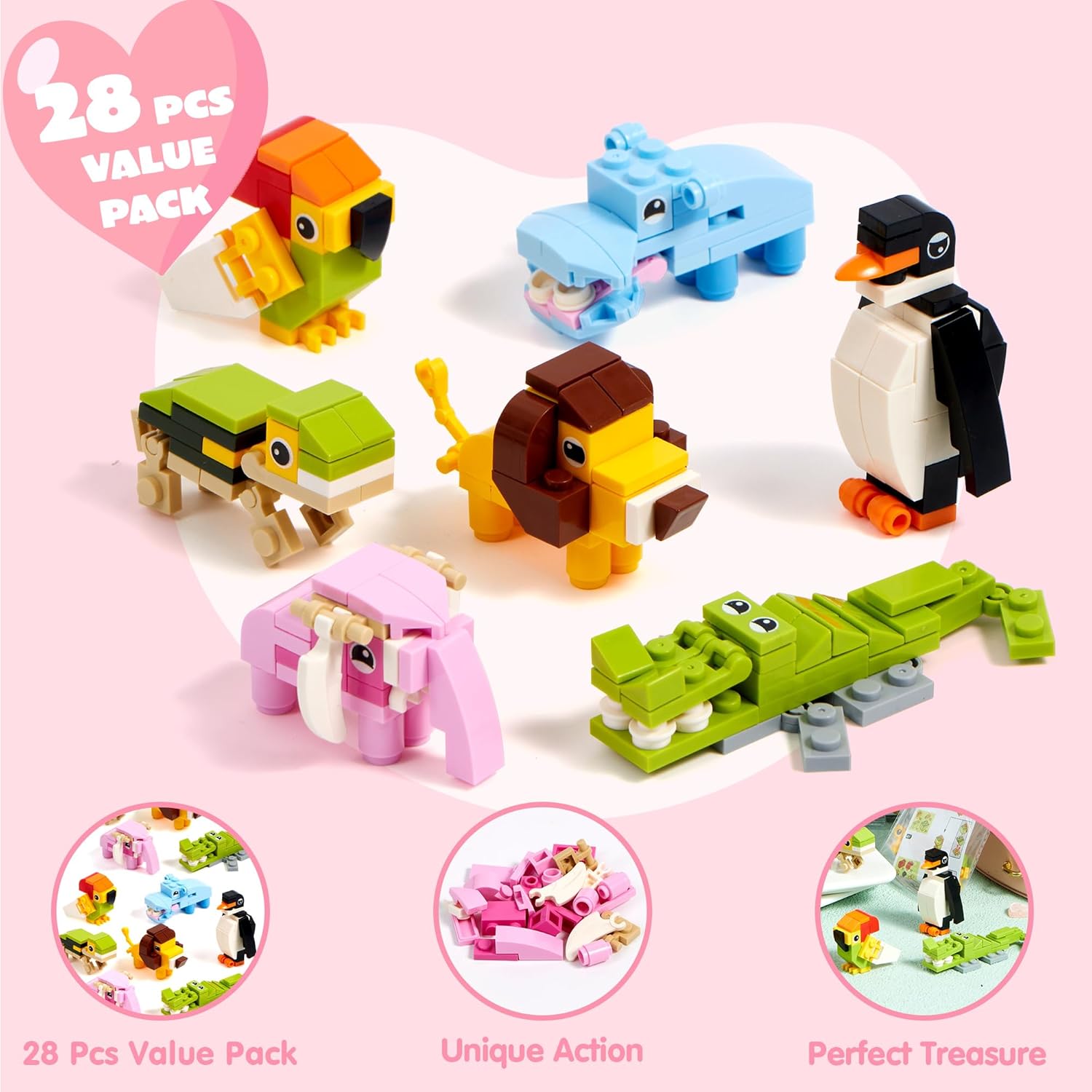 JOYIN 28 Packs Valentines Day Gift Cards with Animal Building Blocks for Valentine's Classroom Exchange Toy, Party Favor, Kids Classroom School Prize