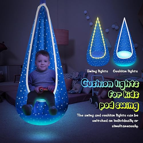Miniatura 3 de Asiento columpio para niños, hamaca colgante con luces LED, silla giratoria sensorial con almohada inflable y todos los accesorios, columpio para