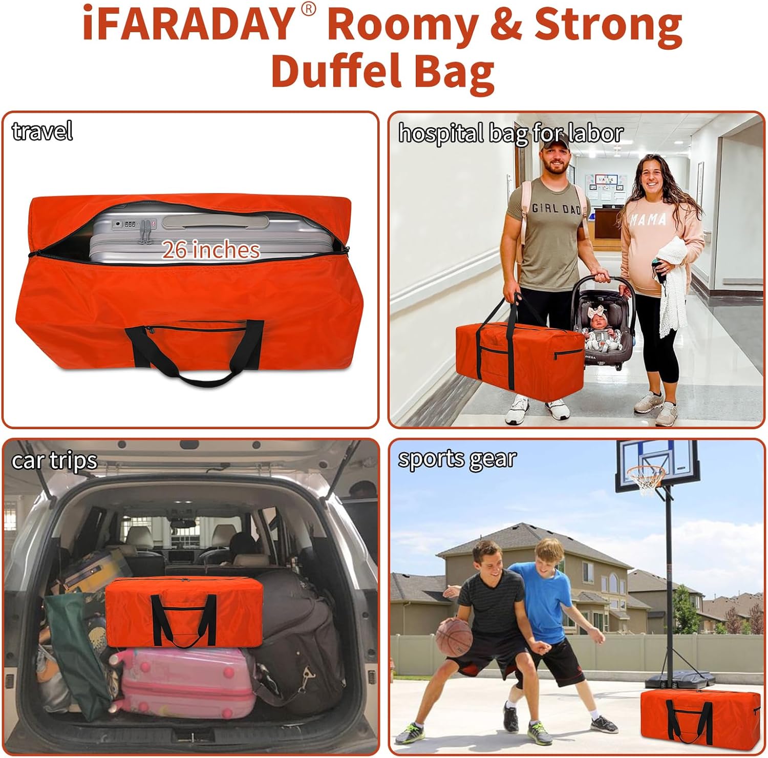 Foldable Duffle Bag for Travel - 75L Large Spare Travel Duffel Bag Lightweight with Trolley Sleeve - Orange - Image 2