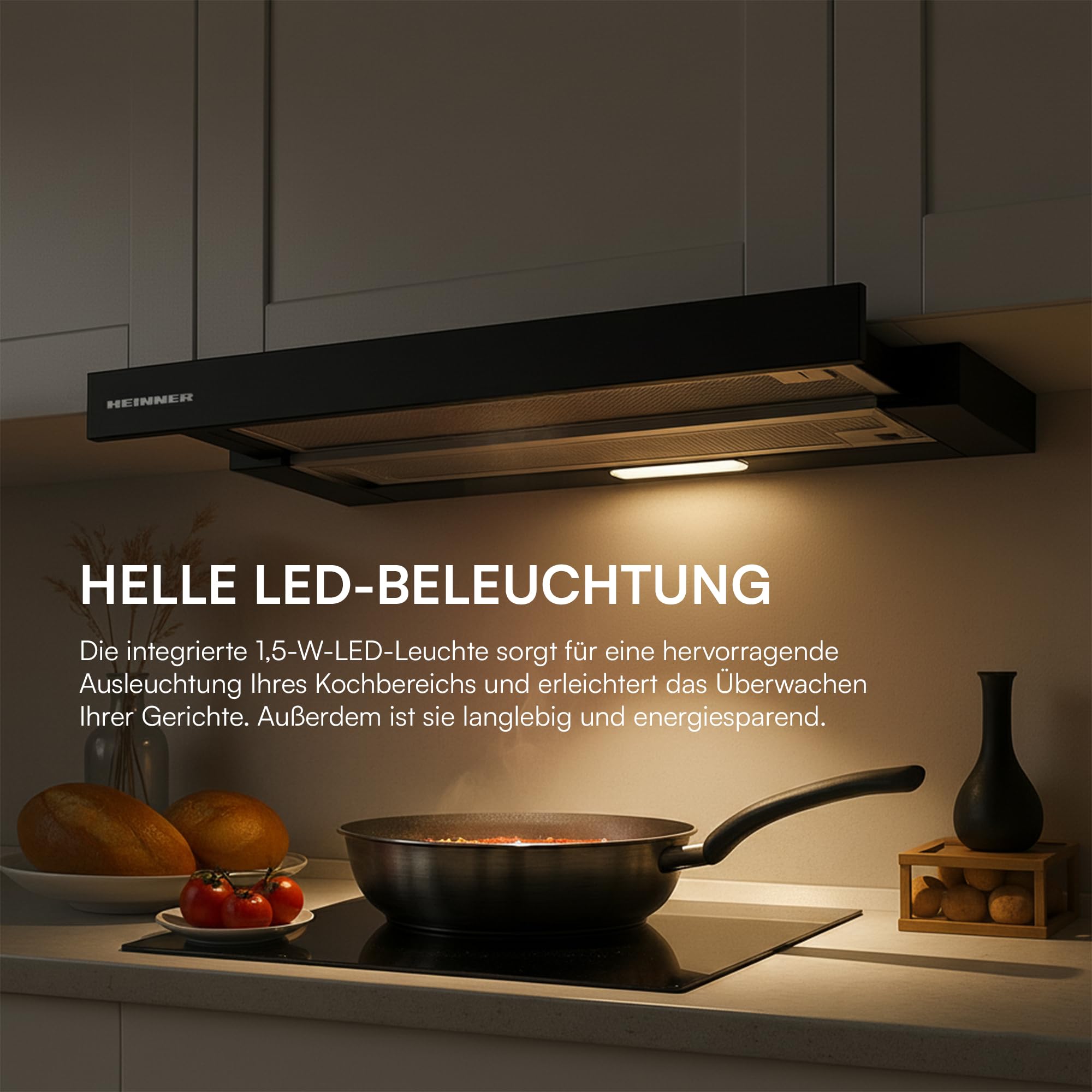 HTCH-MD400IX 60 cm Teleskop-Unterbau-Dunstabzugshaube 400 m³/h LED-Beleuchtung Silber Waschbare Filter