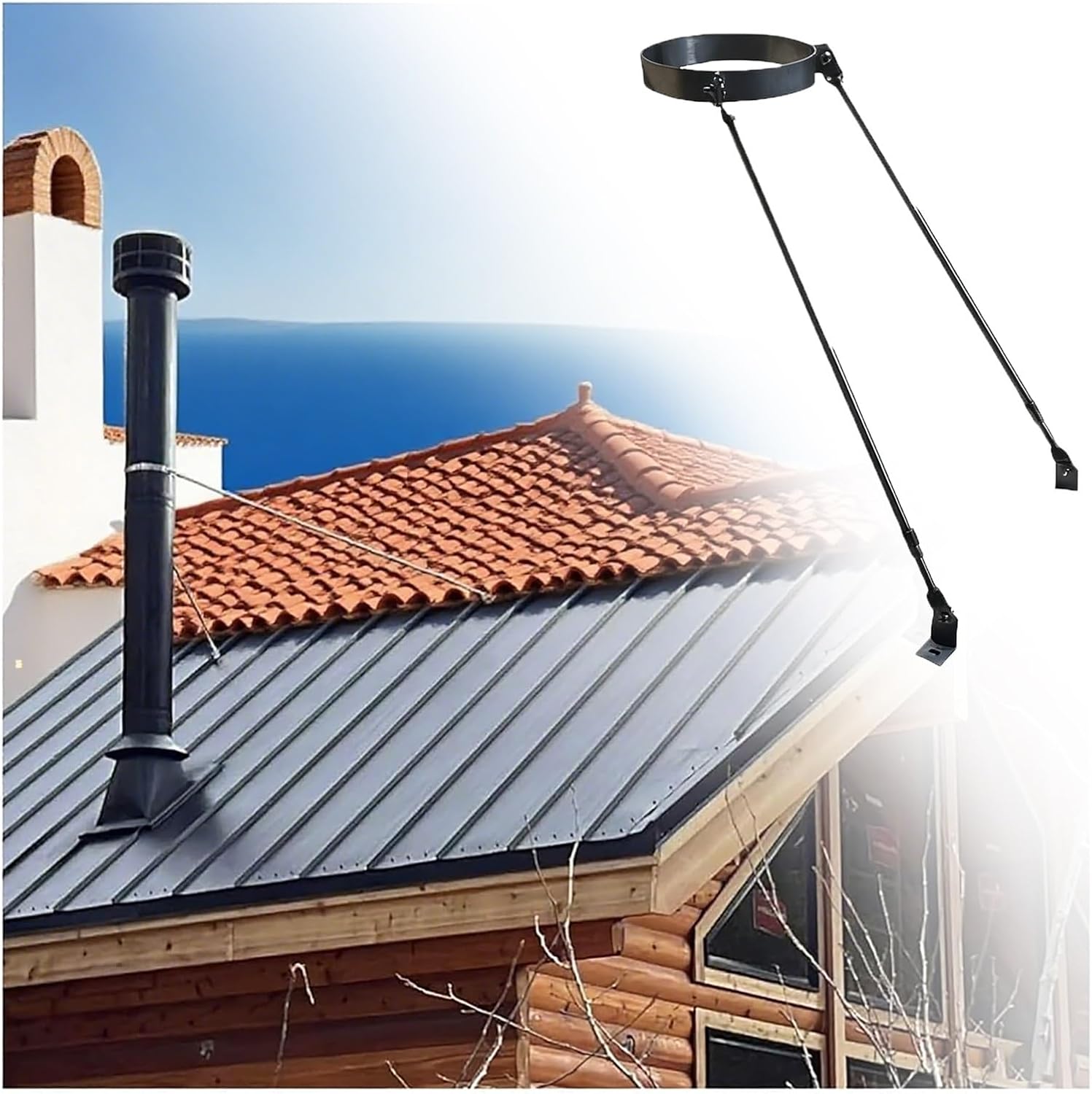 Universal Flue Support Chimney Pipe Bracket - Weatherproof Solid Steel Wall Supports for Wood Stove Pipe - Extended Roof Brace Kit (8 9/16" Dia)