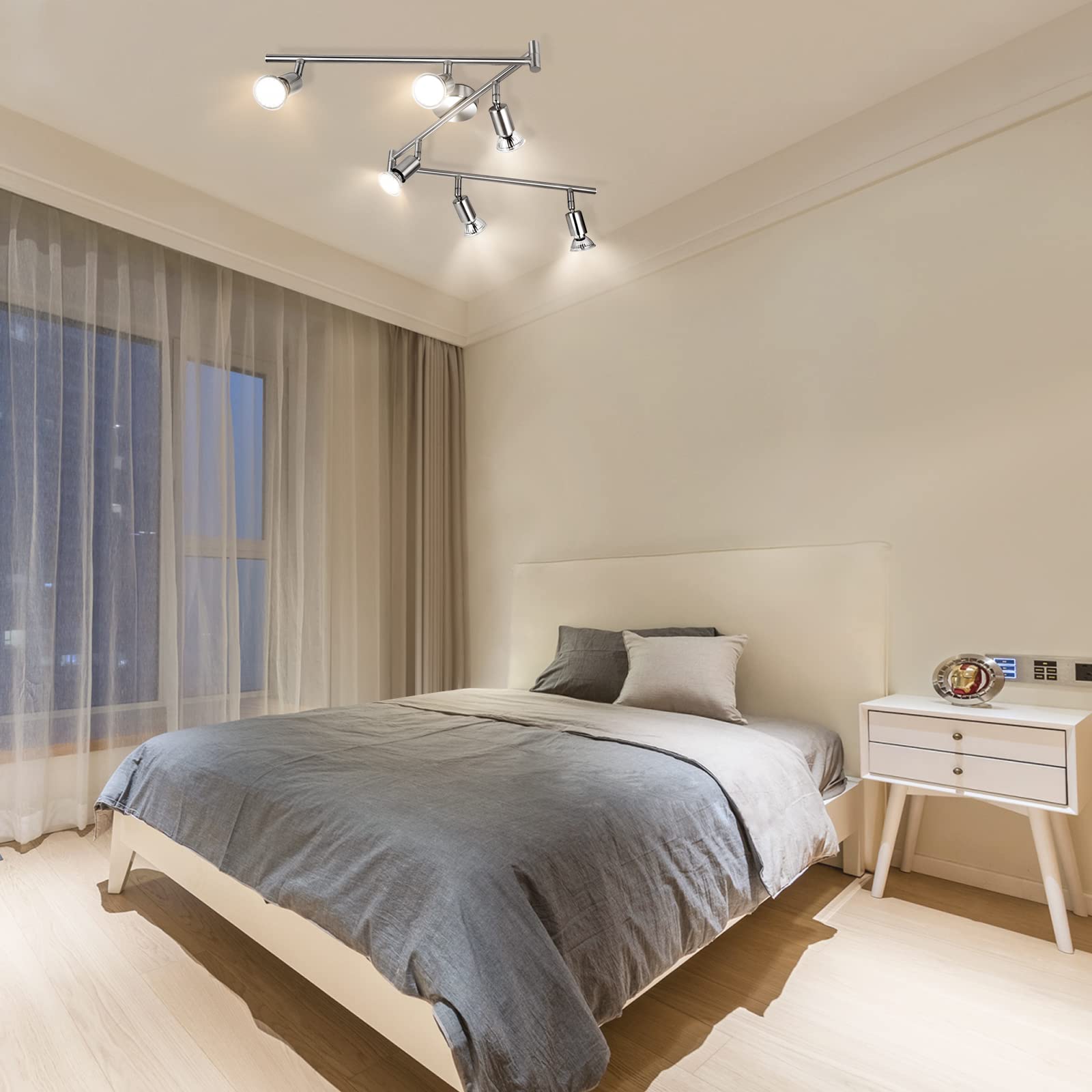 wowatt Lámpara de techo LED Plafón con Focos Giratorios Lámpara de salón 6x Spot Bombillas GU10 Bajo consumo 5W 230V 2800K Blanco cálido 420lm 82Ra IP20 Níquel Mate