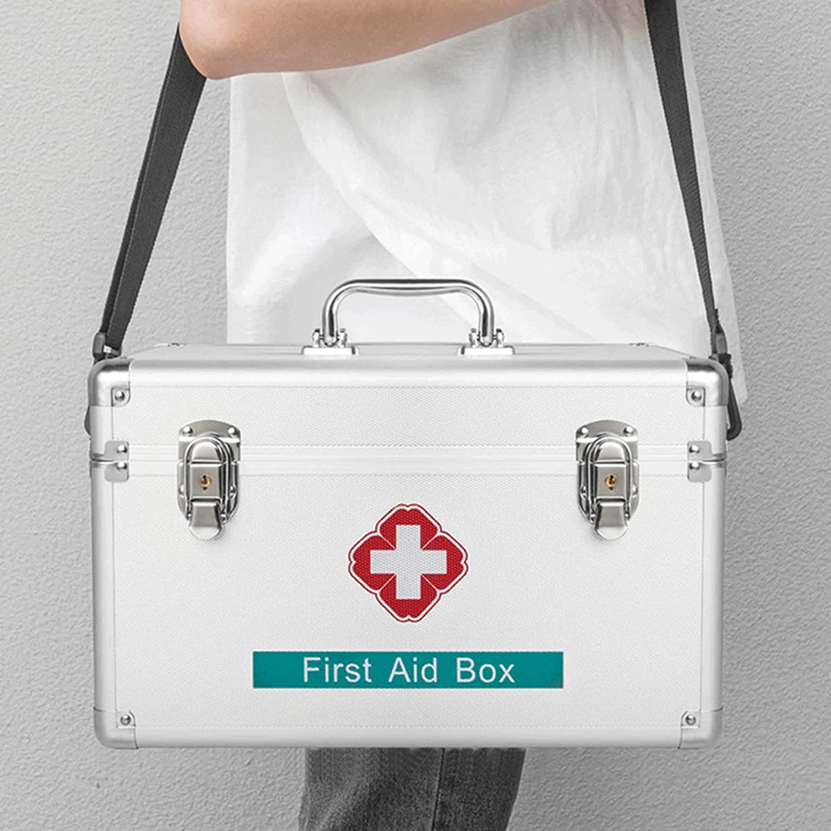 Botiquín de primeros auxilios portátil, botiquín emergencia for acampar, contiene bandeja extraíble, caja multifuncional for kit familiar con asa, plateado, 14 pulgadas(16in)