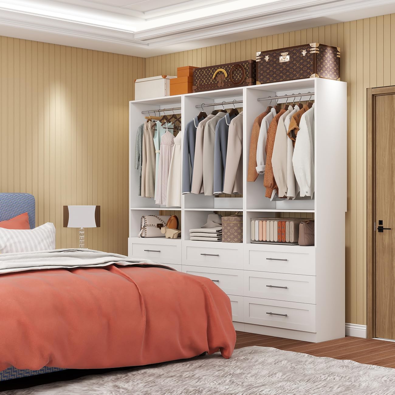 Dilando Closet System with Drawers, 6FT Wood Closet Organizer System 24" Walk-in Closet Corner Small Freestanding Closets Storage Clothes Rack with Hanging Rods White (6FT)