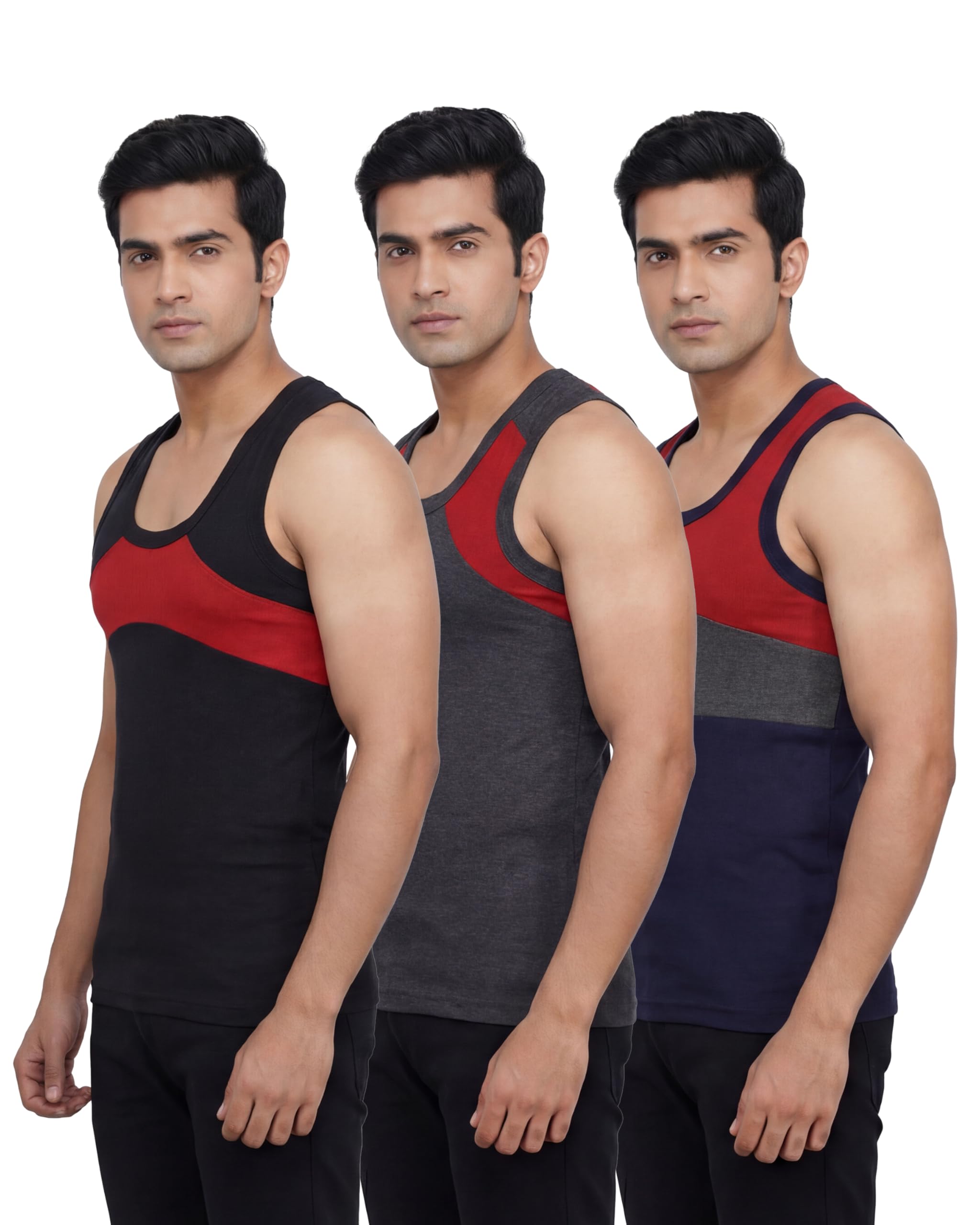 opex Men's Cotton Panel Design Tank Hydra Vest | Sleeveless Round Neck Contrast Block Gym & Casual Wear | Soft Breathable Regular Fit Innerwear Combo (Pack of 5, Patterns)-picture-13