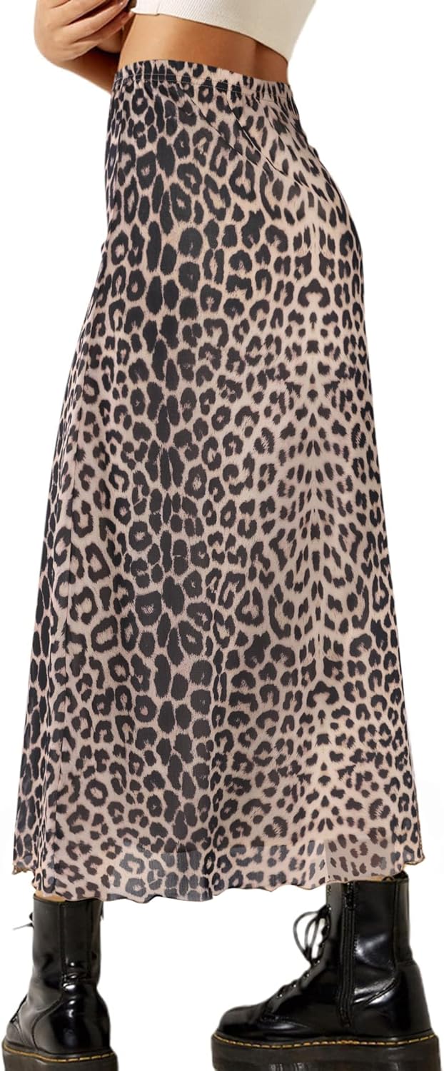 Avanova Women Leopard Print Mesh Midi Skirt High Waist Lettuce Trim Long Straight Skirt Brown Leopard C Small - Image 3