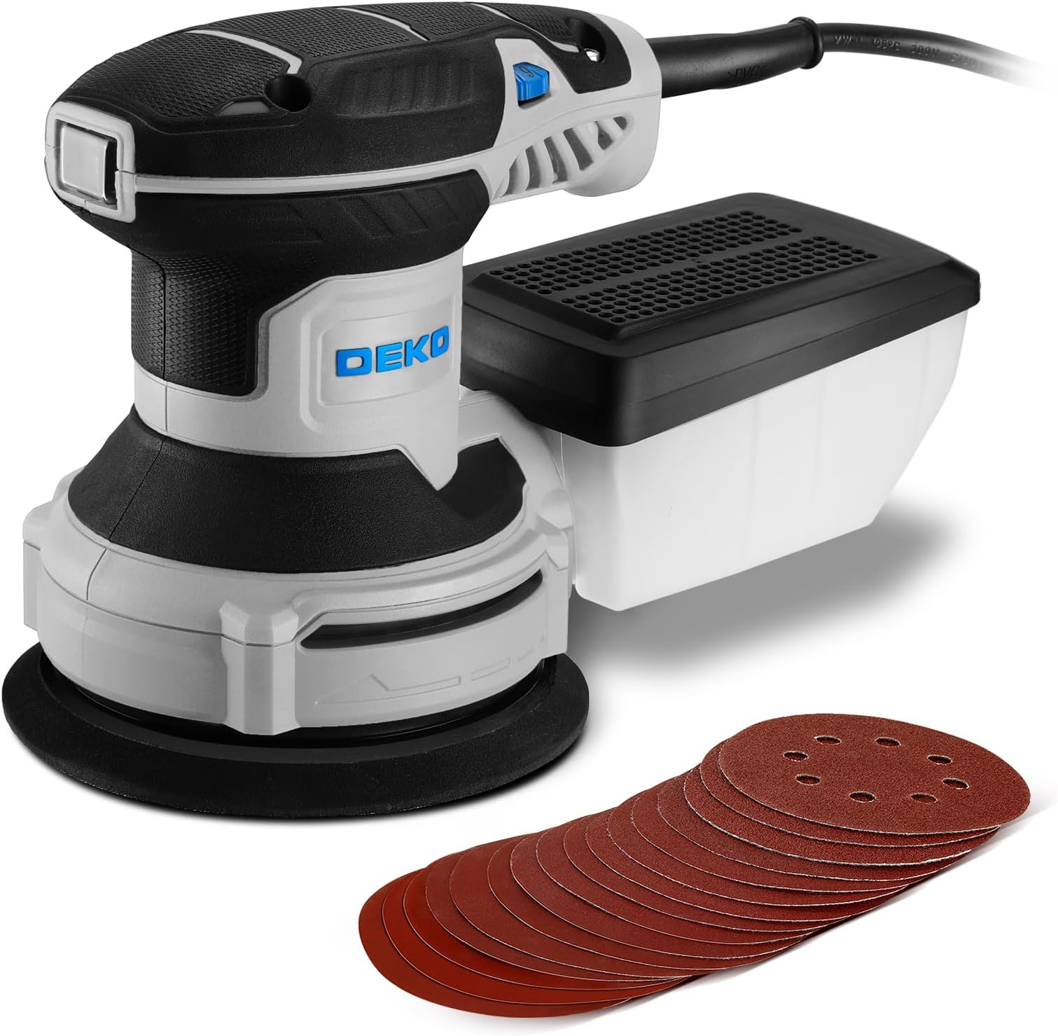 DEKOPRO 300W Orbital Sander, 6 Speed, 14000RPM, 16 Pieces Sandpaper, 125 mm Sanding Pad, Dust Collector, for Wood and Steel Surfaces, Blue-Grey