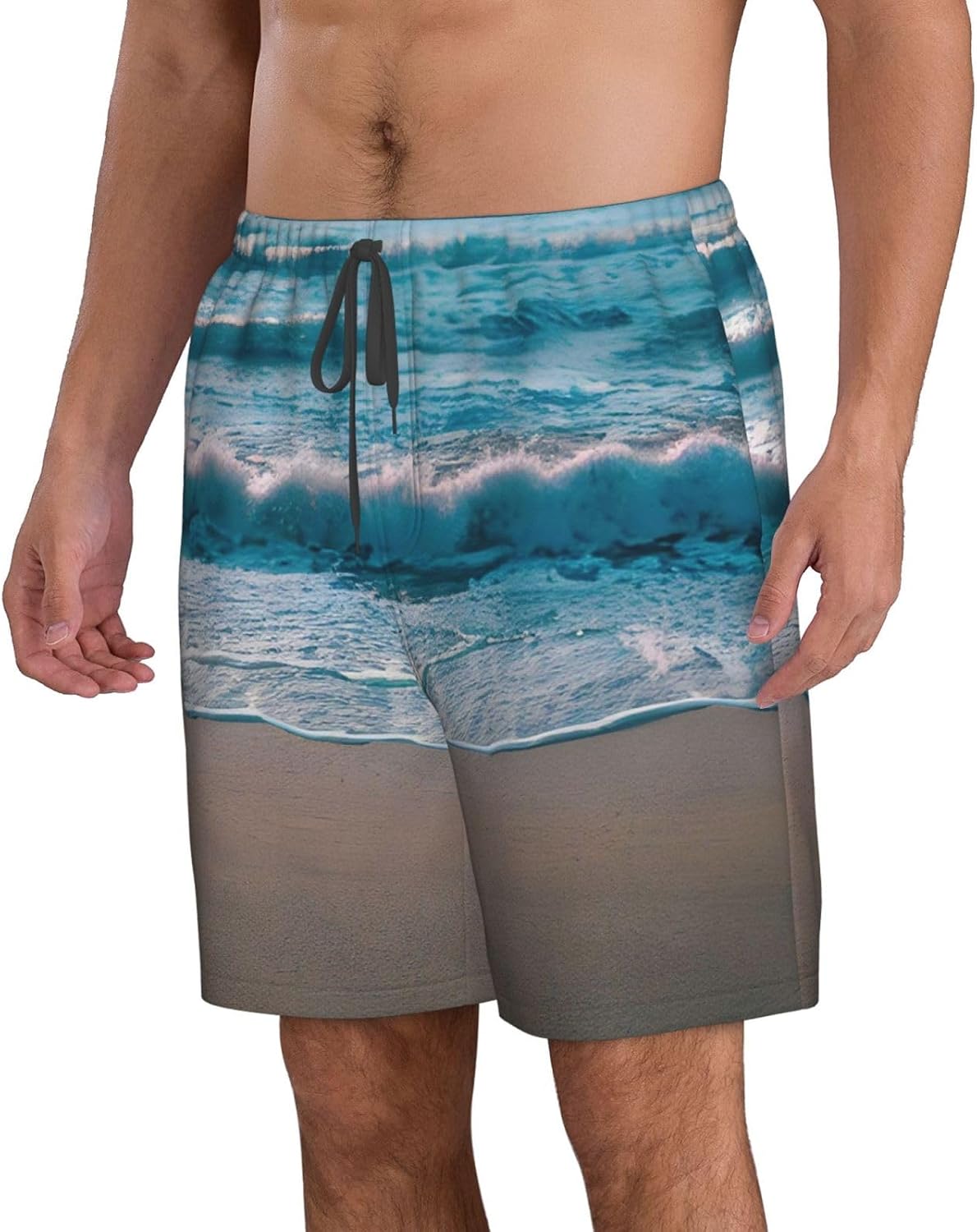 Beach Clear Sea Sand Print Men's Quick-Drying Shorts Casual Beach Pants Stretch Waist Shorts and Pockets