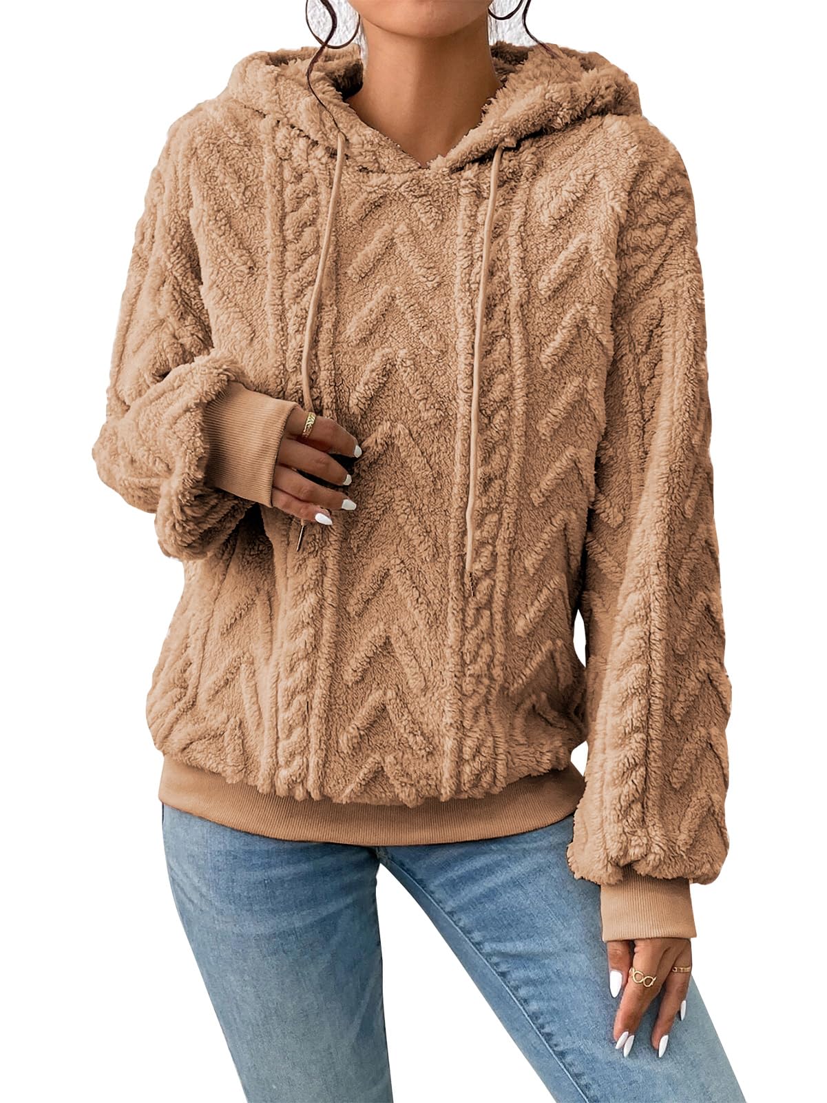 Sweat à Capuche Femme Pull à Capuche en Polaire Oversize Jacquard Cordon de Serrage Hoodie Pullover à Manches Longues
