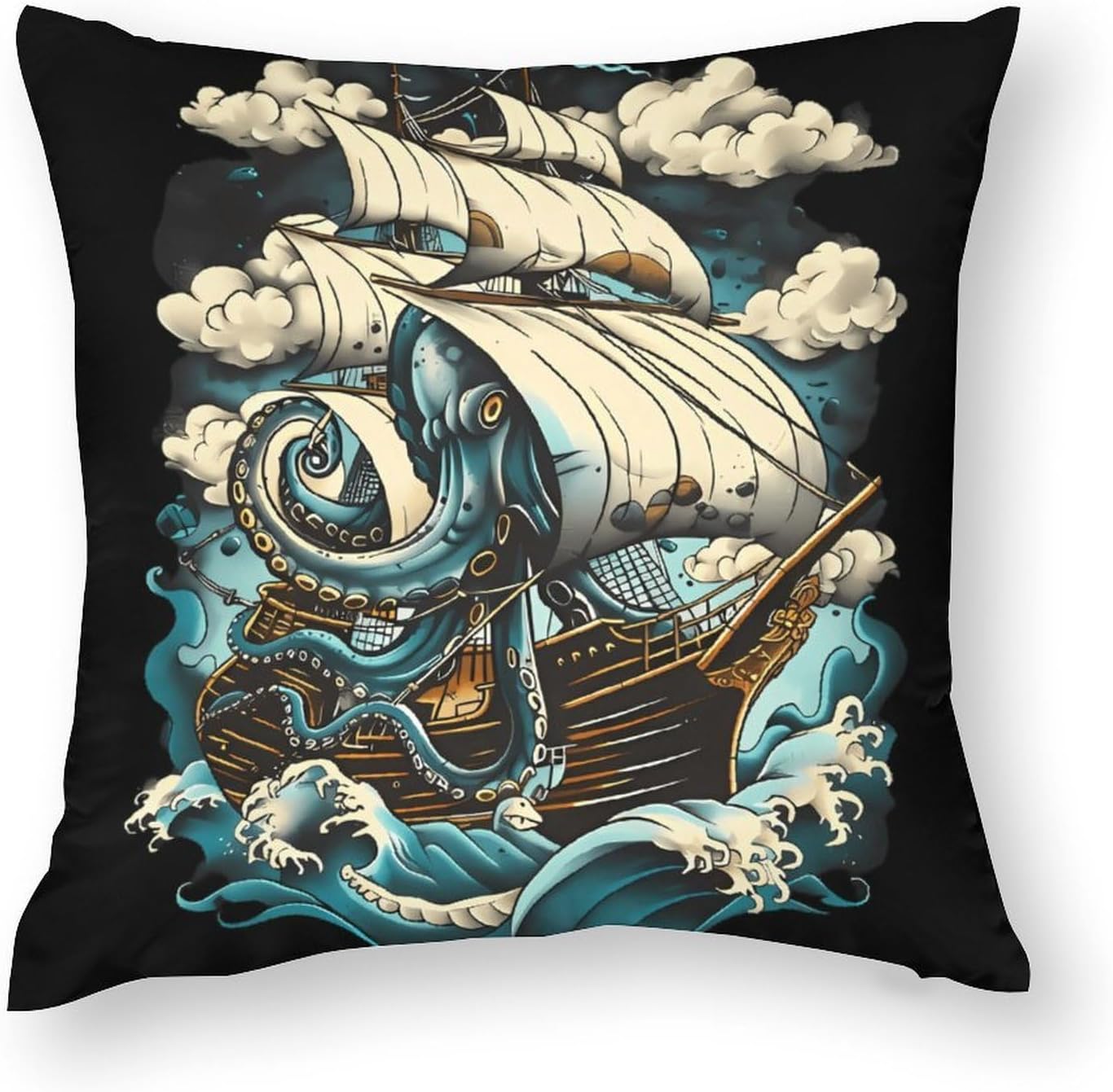 Sailing Ship Octopus Printed Throw Pillow Case 4 Pcs Soft Pillowcases Pillows Covers Sofa Bed Decor 12/14/16/17/18/20/22/24/32 Inches